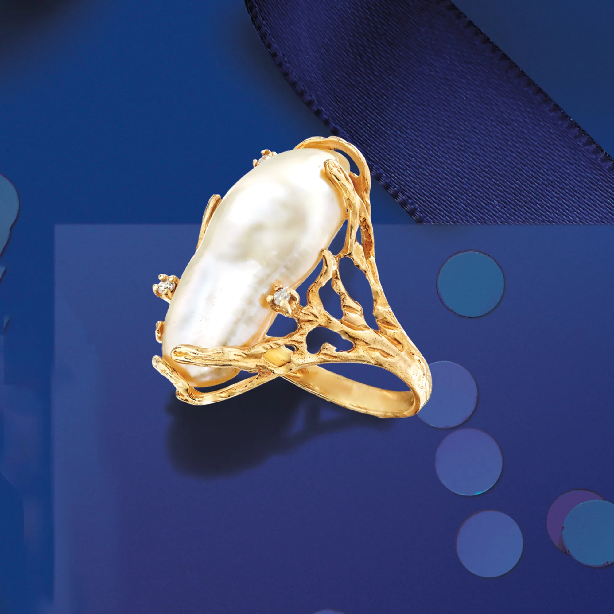 Ross-Simons 10x24mm Cultured Baroque Pearl Ring With Diamond Accents in 14kt Yellow Gold