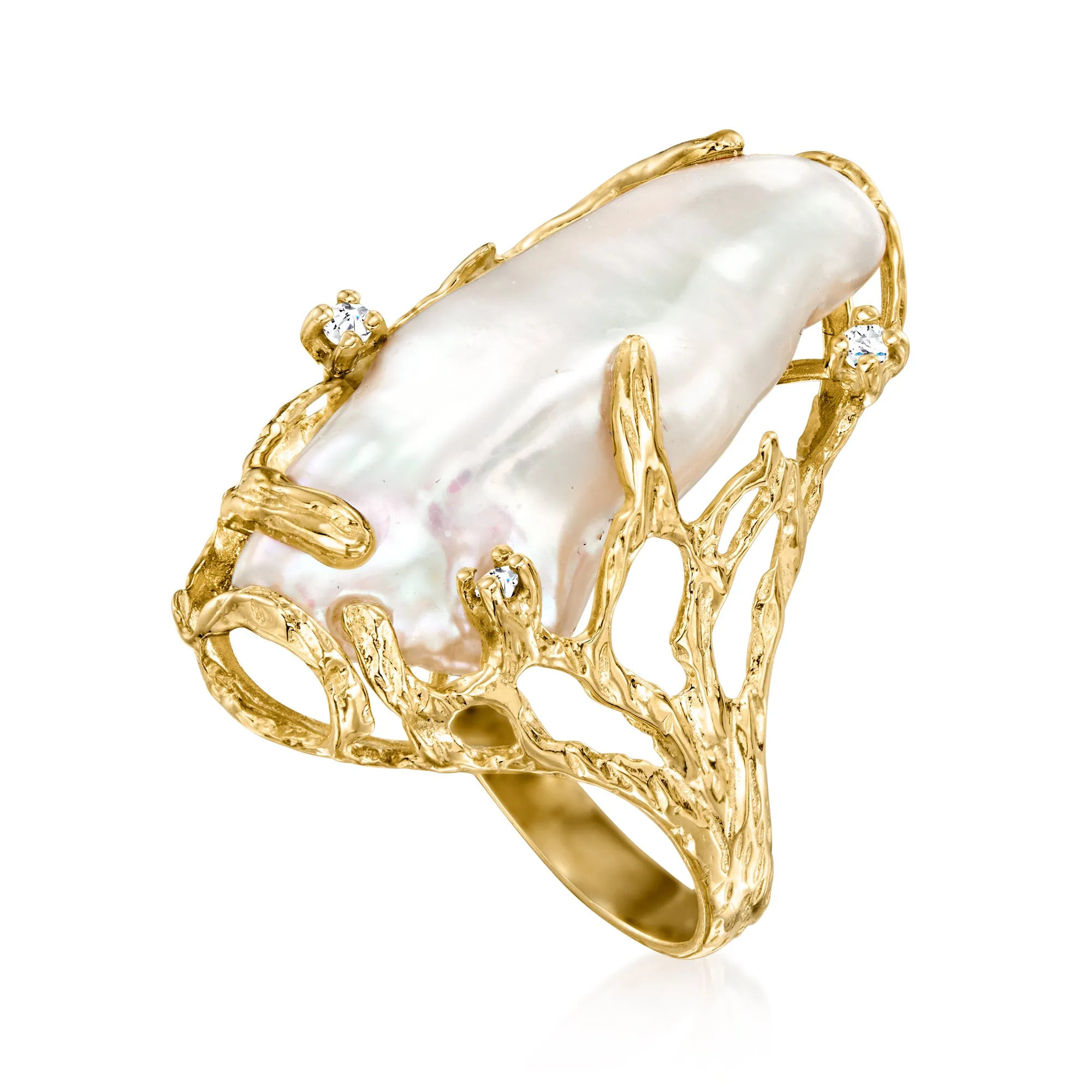 Ross-Simons 10x24mm Cultured Baroque Pearl Ring With Diamond Accents in 14kt Yellow Gold
