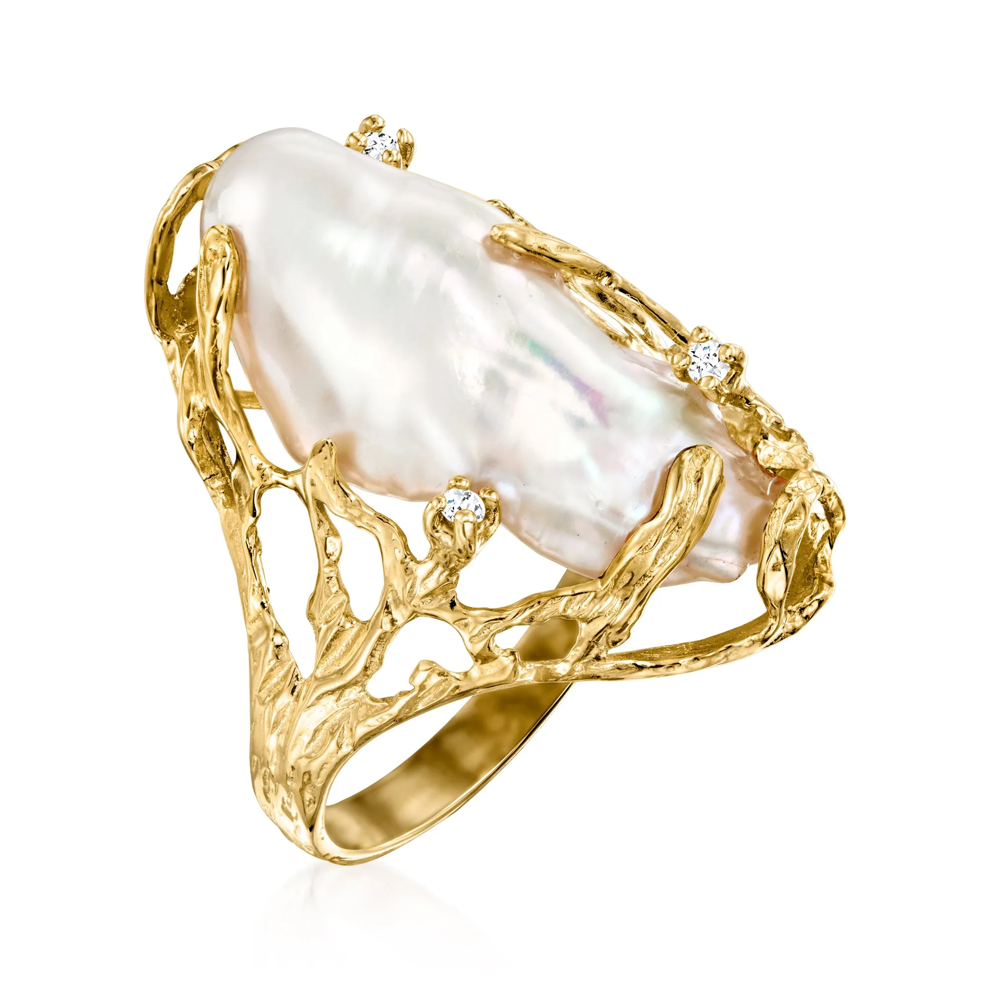 Ross-Simons 10x24mm Cultured Baroque Pearl Ring With Diamond Accents in 14kt Yellow Gold