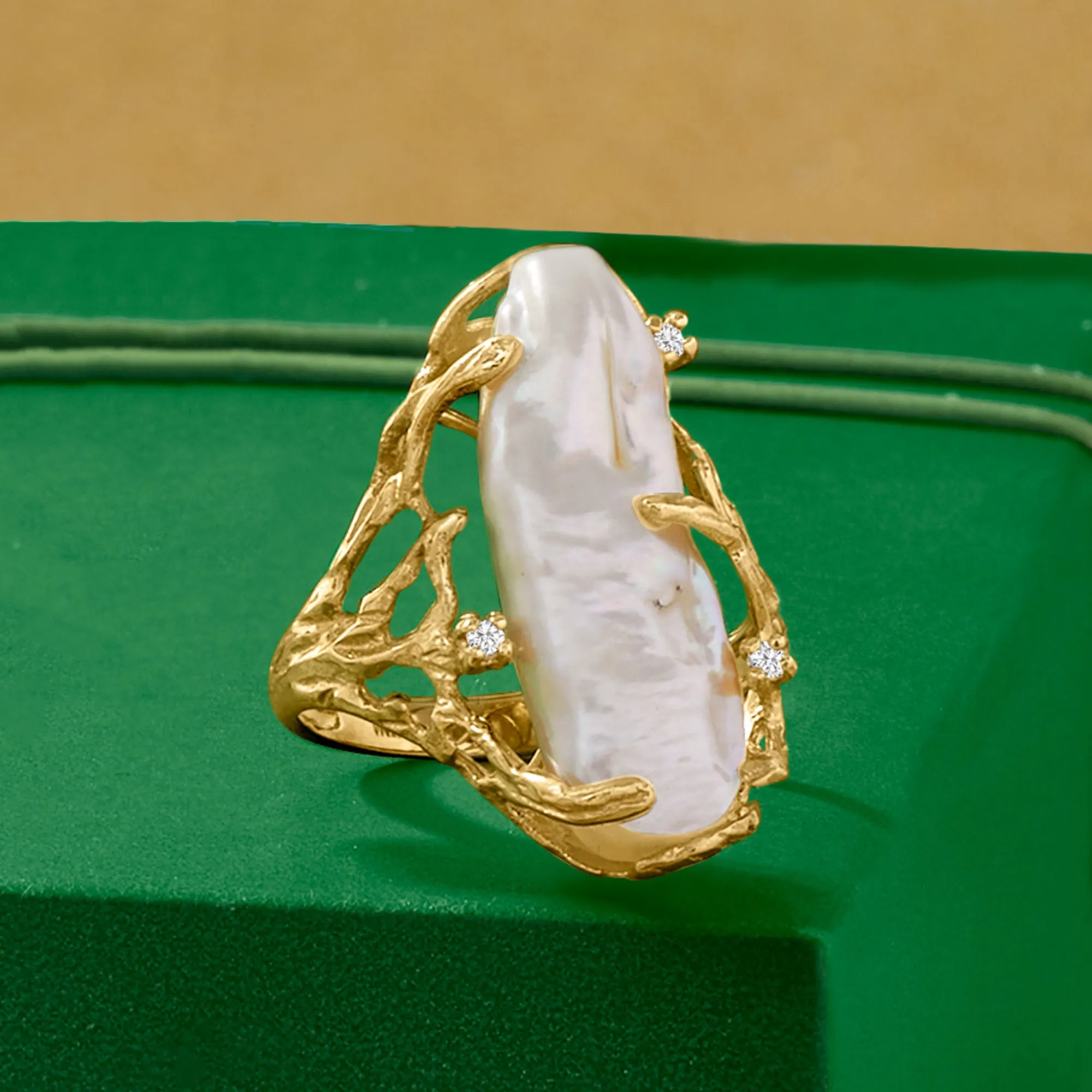 Ross-Simons 10x24mm Cultured Baroque Pearl Ring With Diamond Accents in 14kt Yellow Gold