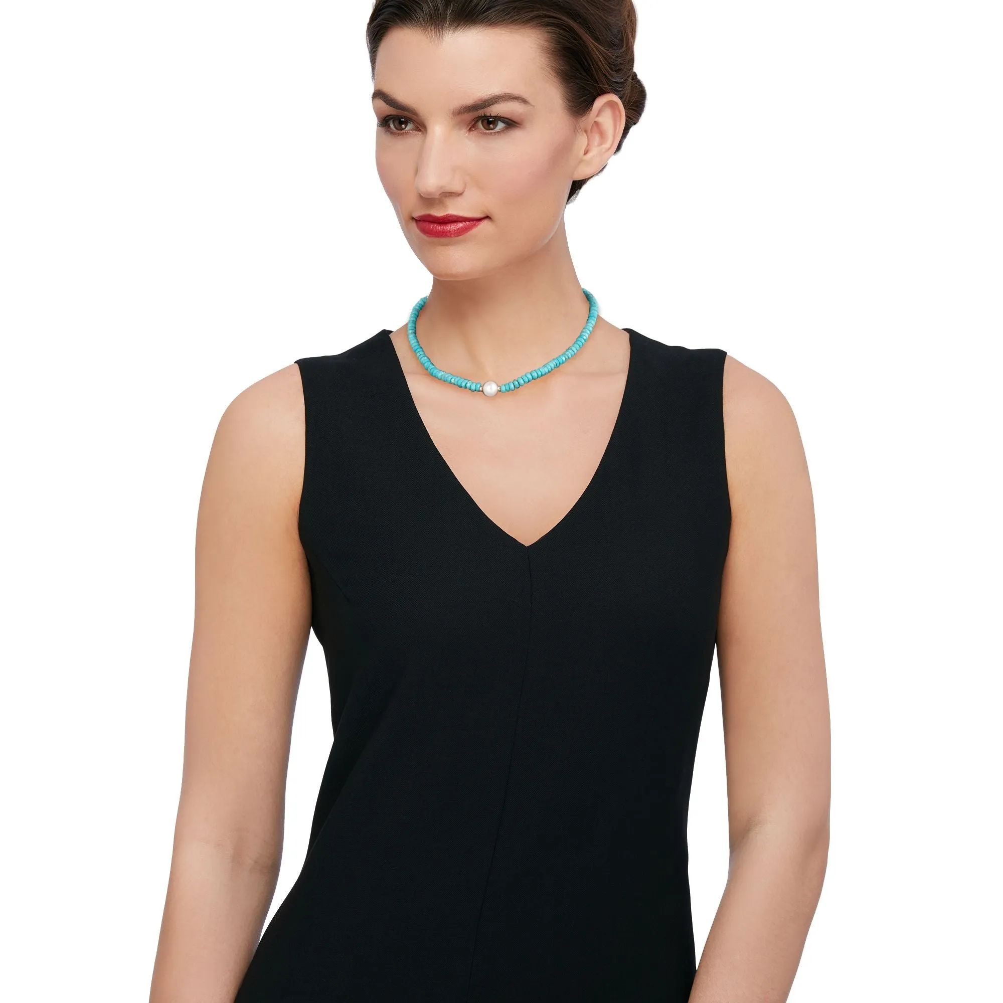 Ross-Simons 11.5-12.5mm Cultured Pearl and 4-5mm Turquoise Bead Necklace With 14kt Yellow Gold