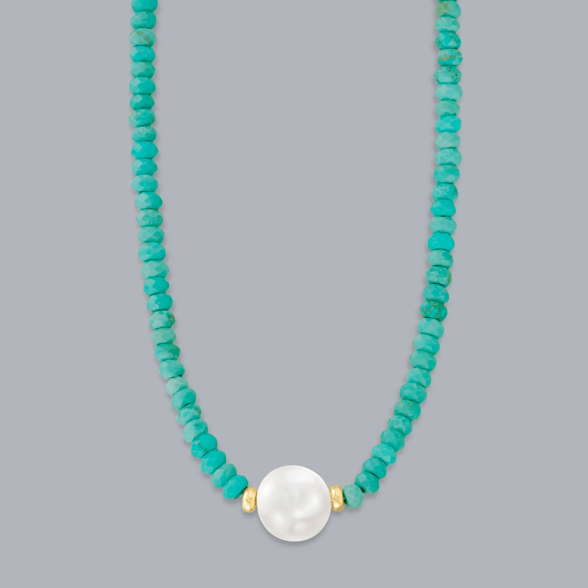 Ross-Simons 11.5-12.5mm Cultured Pearl and 4-5mm Turquoise Bead Necklace With 14kt Yellow Gold