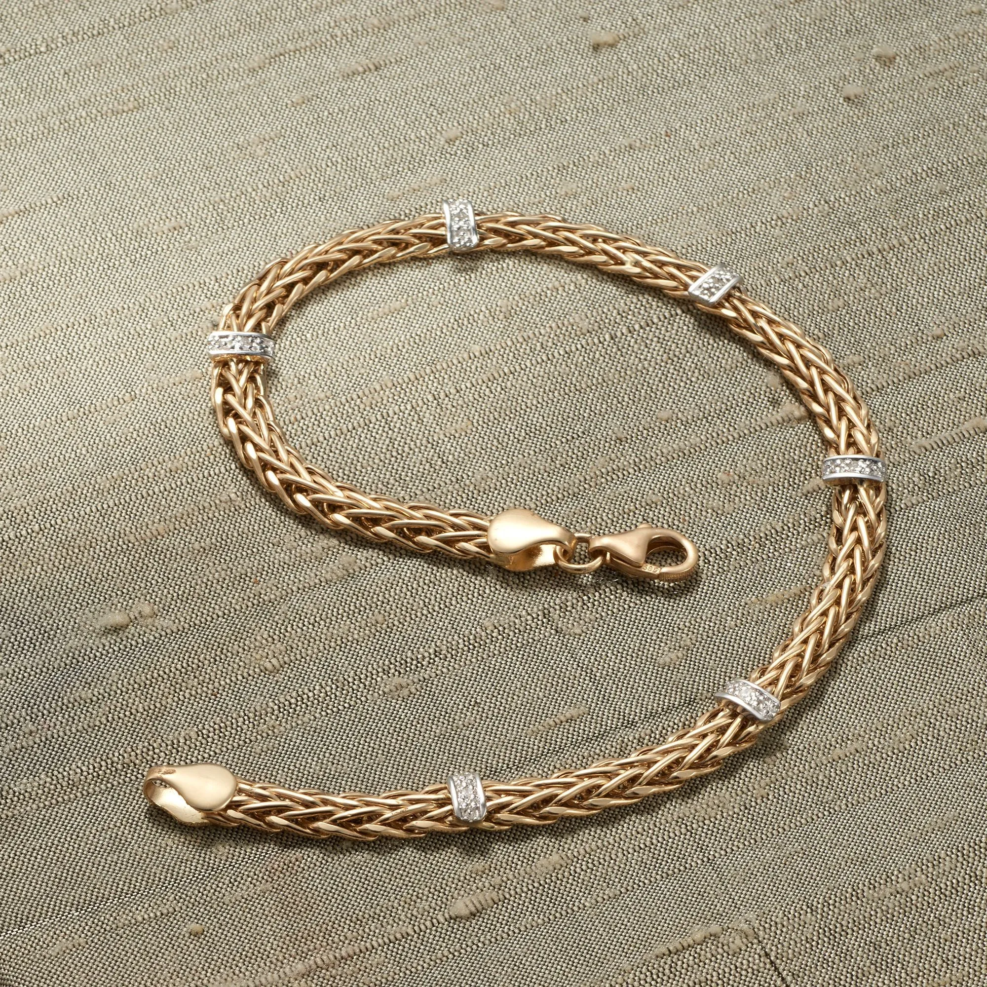 Ross-Simons 14kt Yellow Gold Wheat-Link Station Bracelet With Diamond Accents