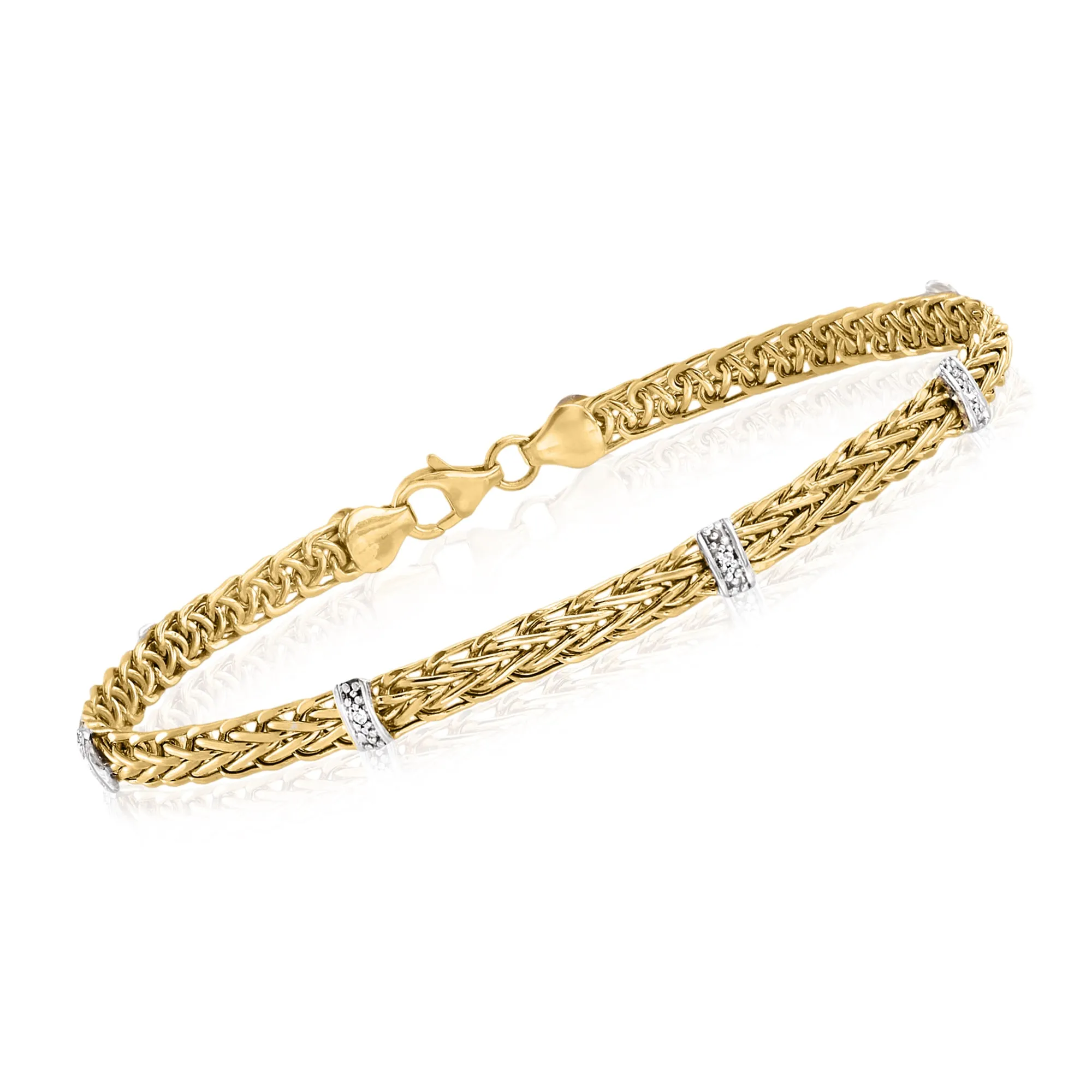 Ross-Simons 14kt Yellow Gold Wheat-Link Station Bracelet With Diamond Accents