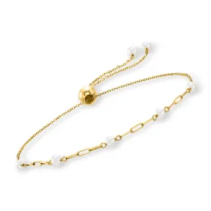Ross-Simons 3-3.5mm Cultured Pearl and 14kt Yellow Gold Paper Clip Link Bolo Bracelet