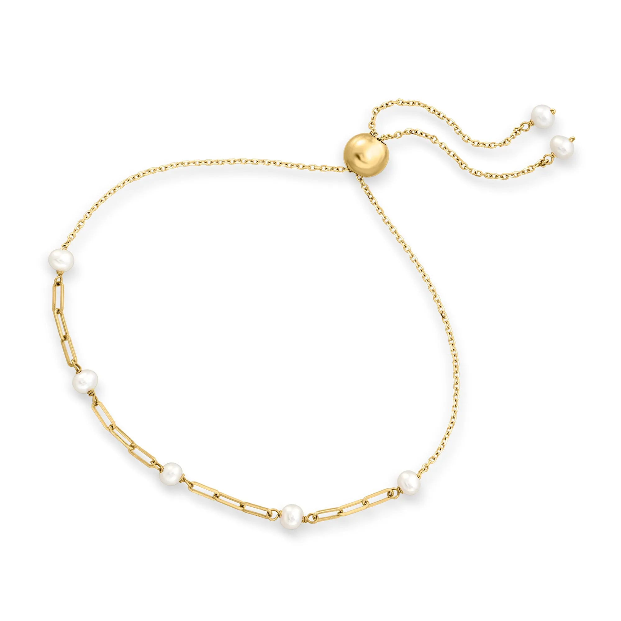 Ross-Simons 3-3.5mm Cultured Pearl and 14kt Yellow Gold Paper Clip Link Bolo Bracelet