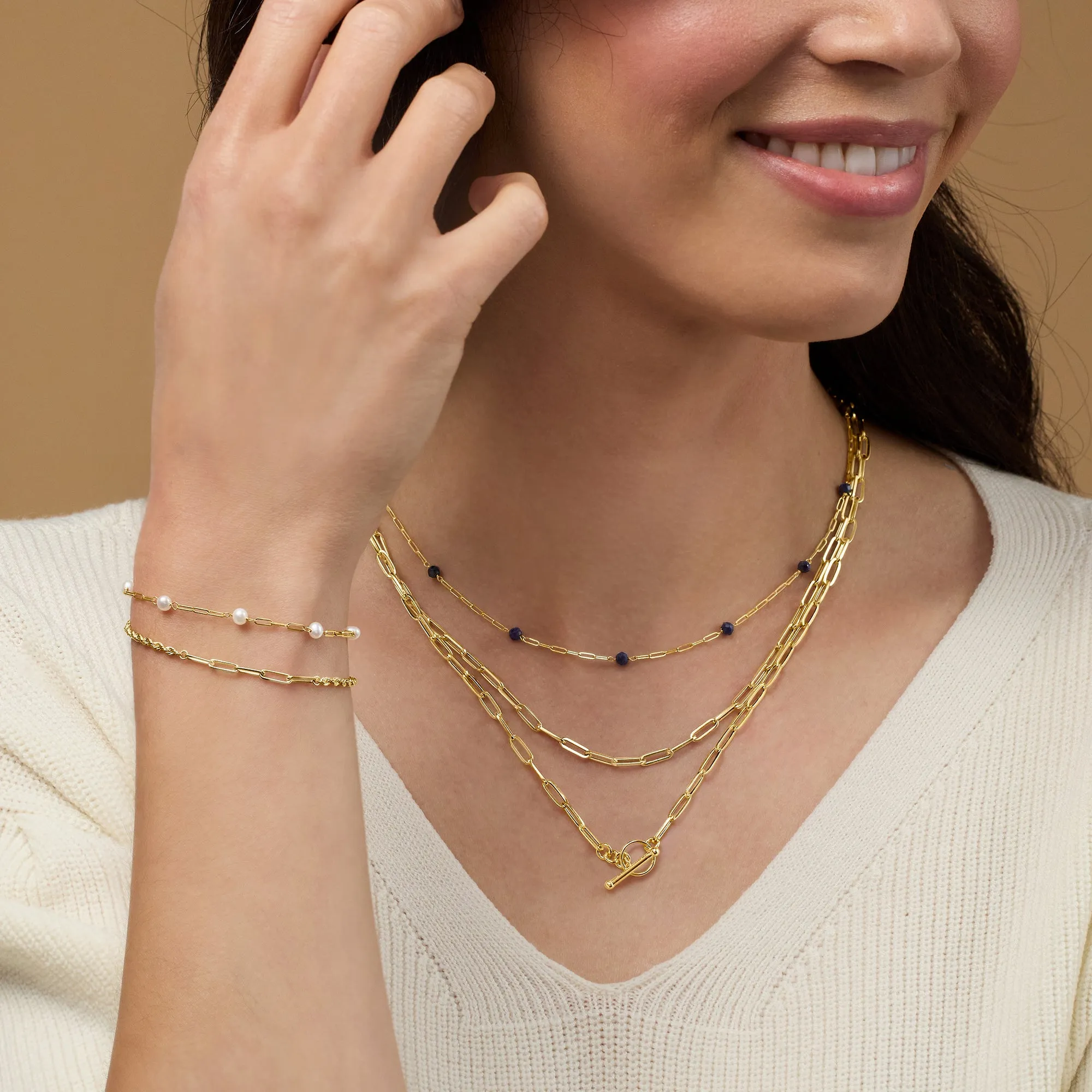 Ross-Simons 3-3.5mm Cultured Pearl and 14kt Yellow Gold Paper Clip Link Bolo Bracelet