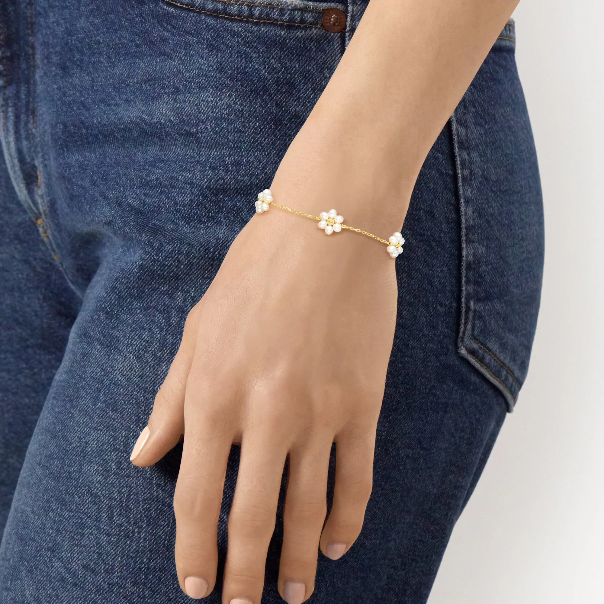 Ross-Simons 3-3.5mm Cultured Pearl Flower Bracelet in 14kt Yellow Gold