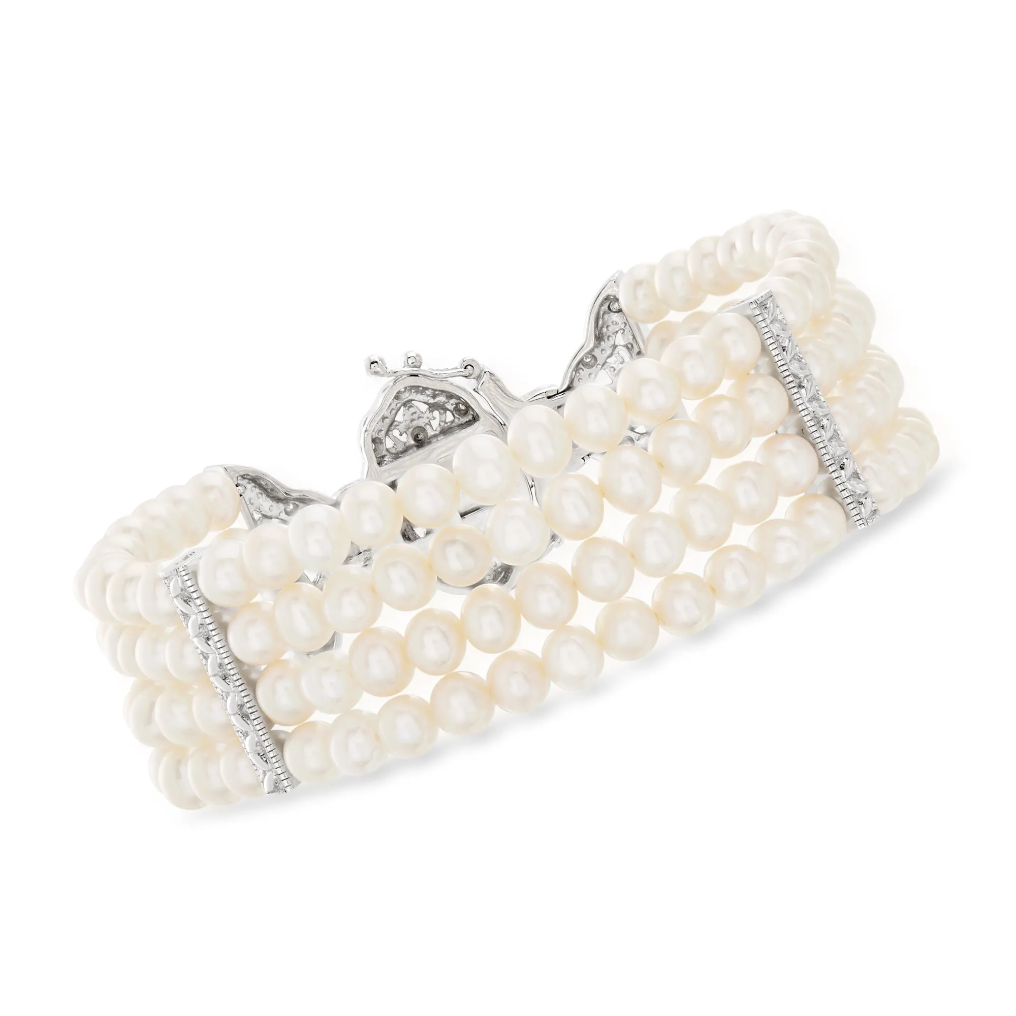 Ross-Simons 4.5-5mm Cultured Pearl and . Diamond Multi-Strand Bracelet in Sterling Silver