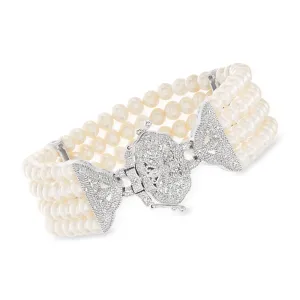Ross-Simons 4.5-5mm Cultured Pearl and . Diamond Multi-Strand Bracelet in Sterling Silver