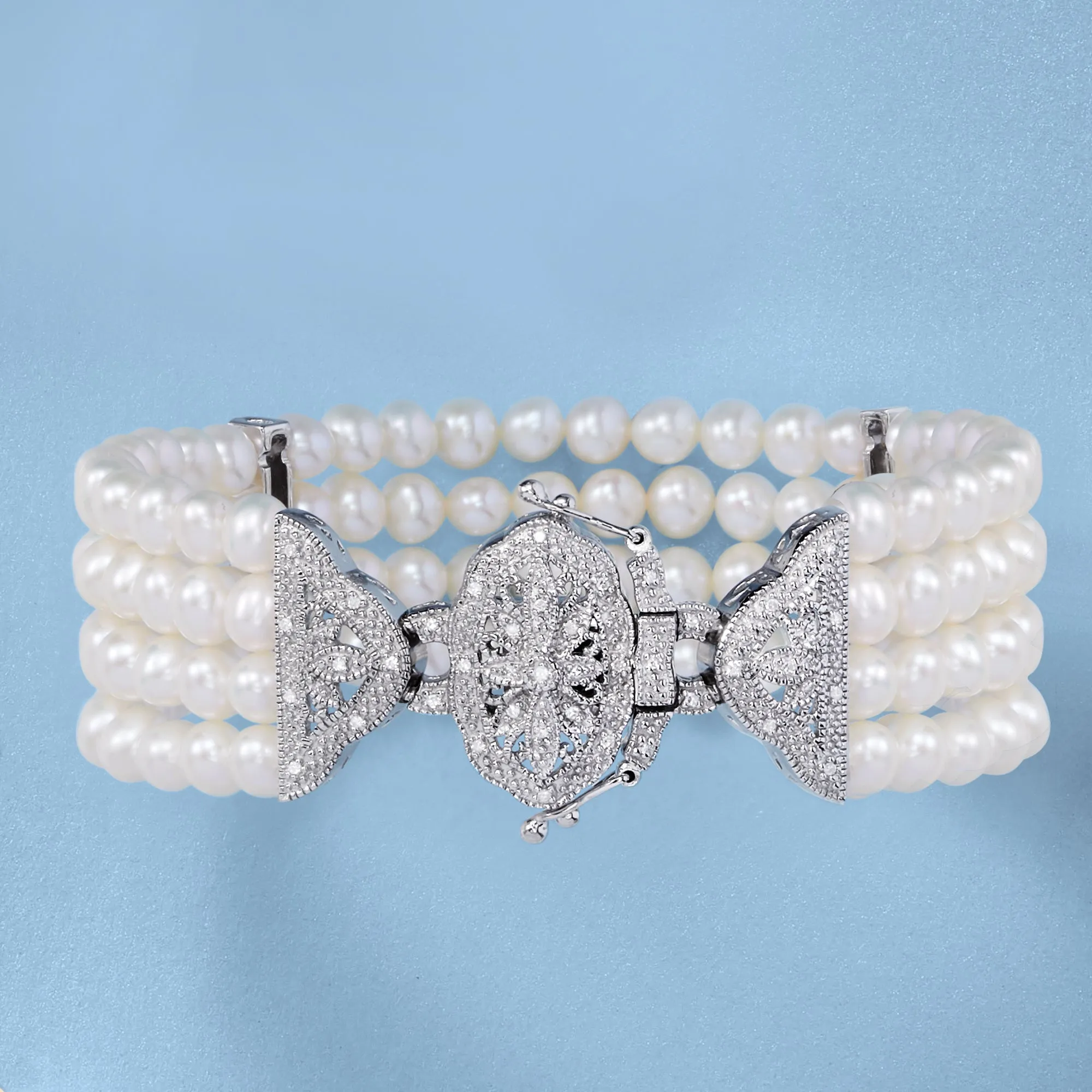 Ross-Simons 4.5-5mm Cultured Pearl and . Diamond Multi-Strand Bracelet in Sterling Silver