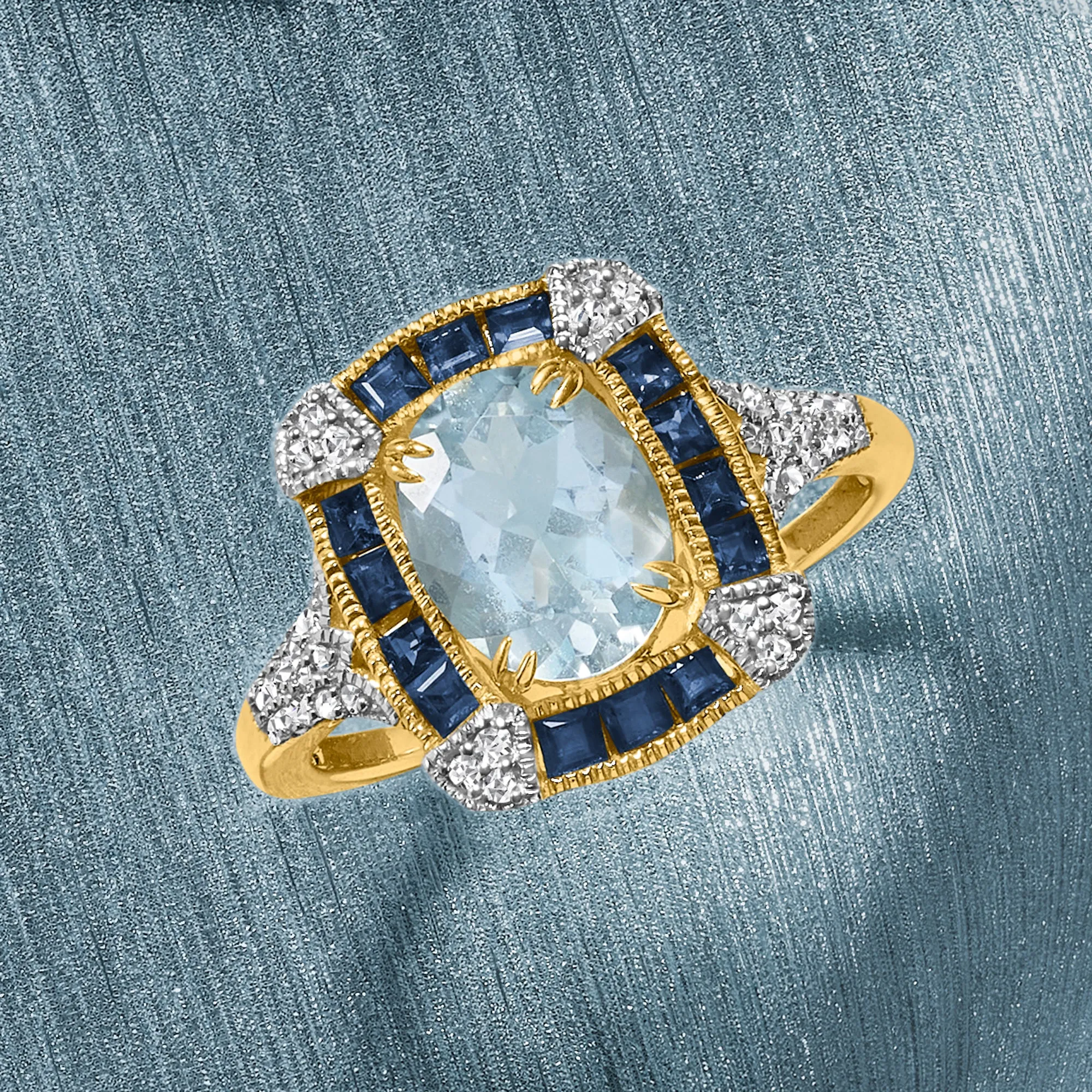 Ross-Simons Aquamarine and . Sapphire Ring With . Diamonds in 14kt Yellow Gold