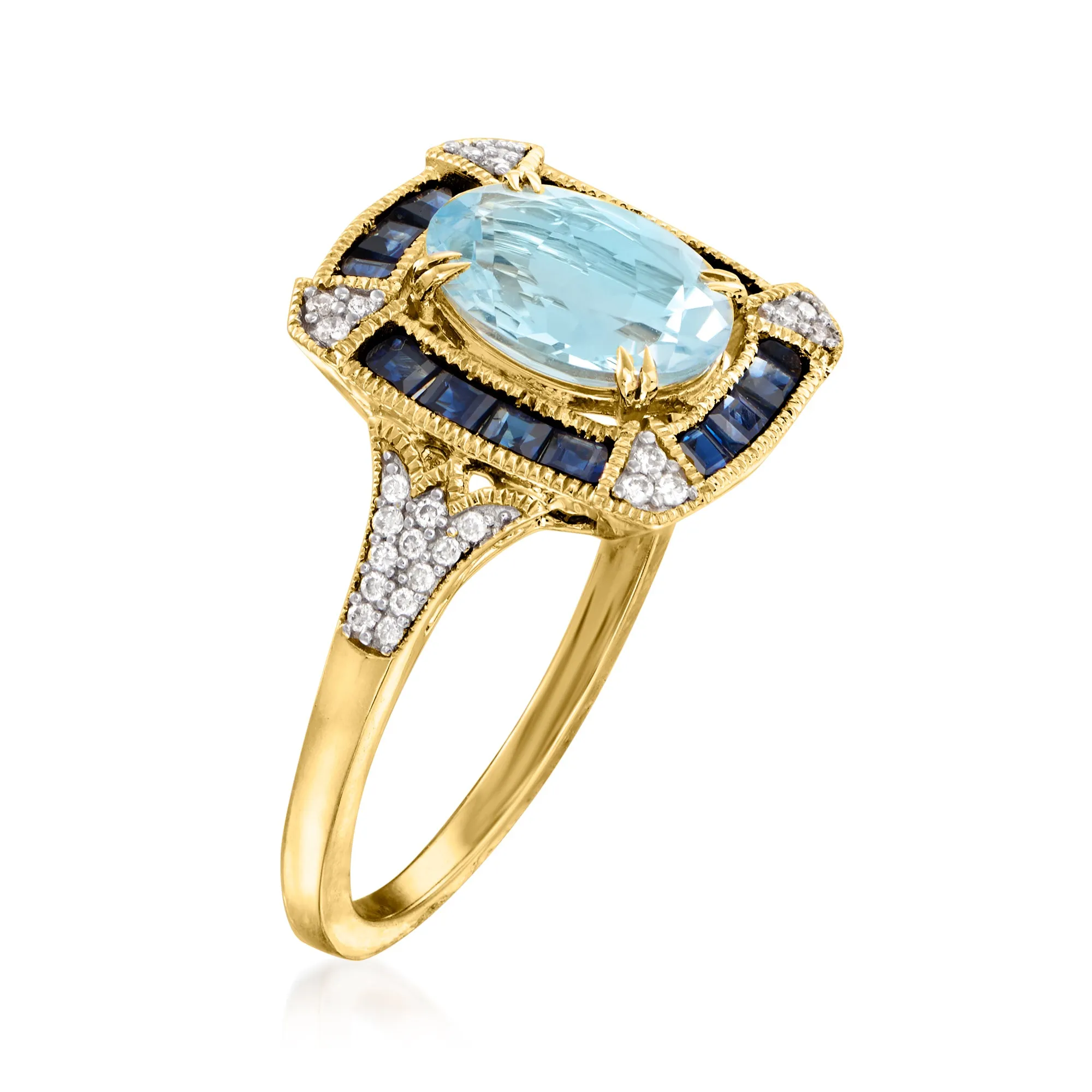 Ross-Simons Aquamarine and . Sapphire Ring With . Diamonds in 14kt Yellow Gold