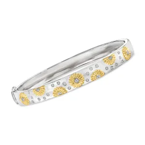 Ross-Simons Diamond-Accented Sunflower Bangle Bracelet in 2-Tone Sterling Silver