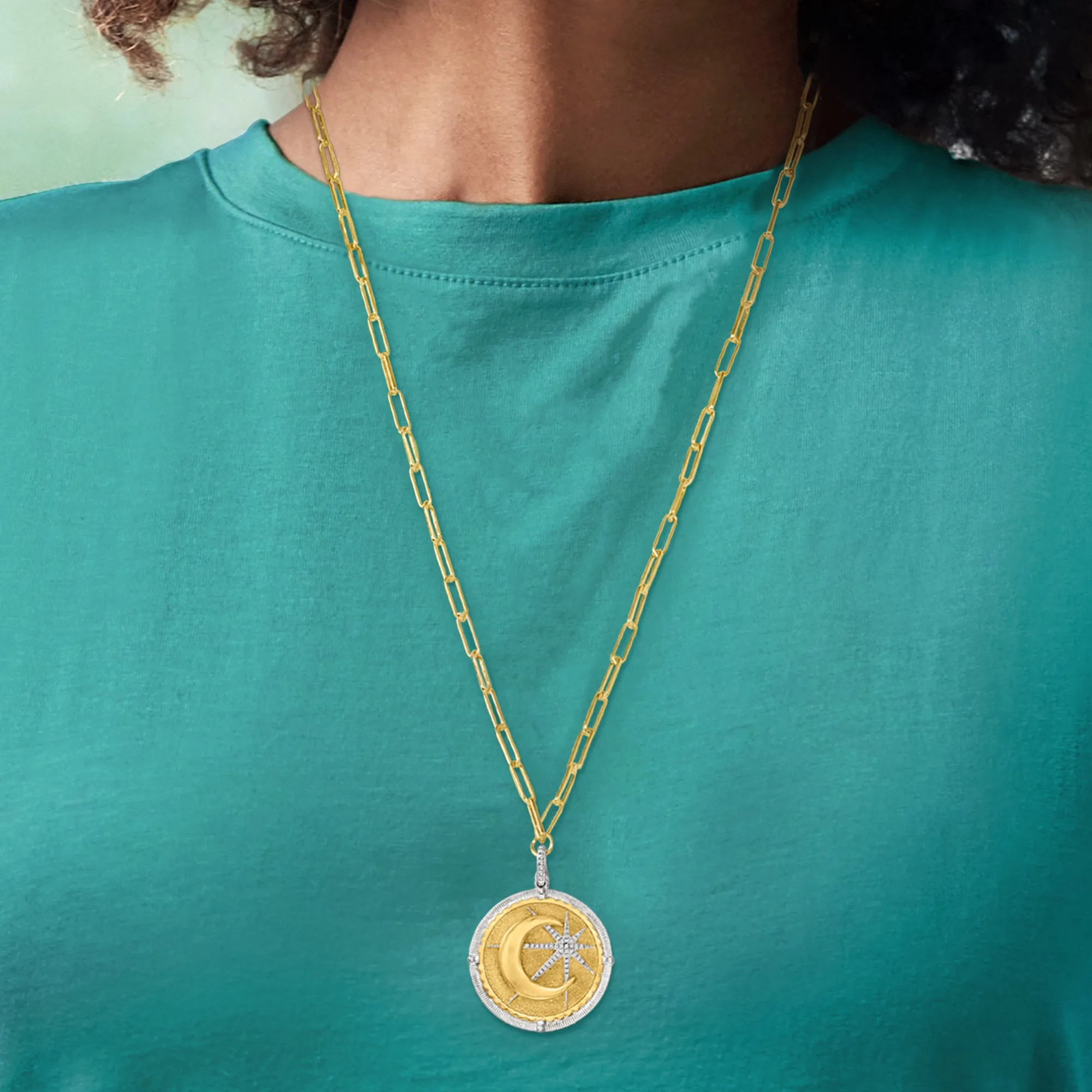 Ross-Simons Diamond Moon and Star Pendant Necklace in 2-Tone Sterling Silver