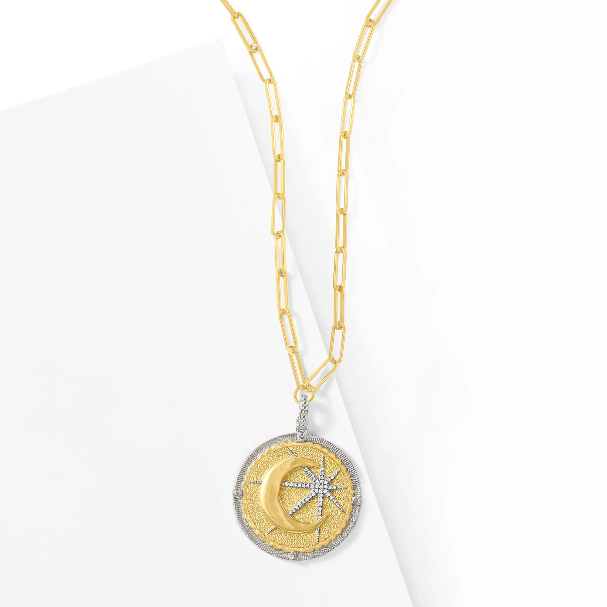 Ross-Simons Diamond Moon and Star Pendant Necklace in 2-Tone Sterling Silver