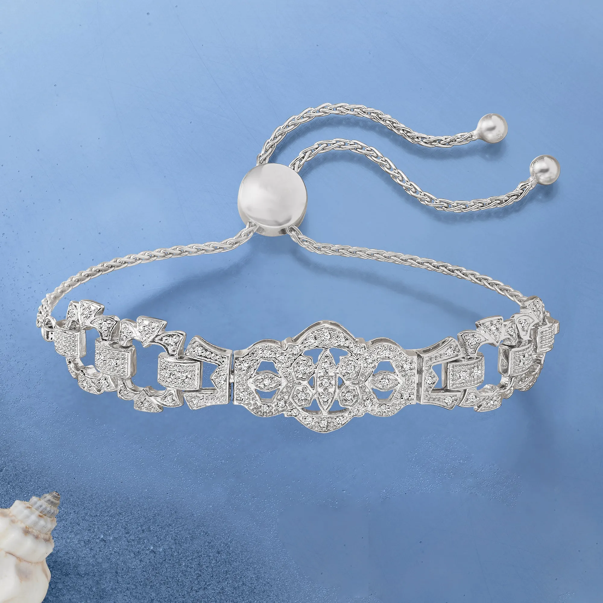 Ross-Simons Diamond Openwork Bolo Bracelet in Sterling Silver