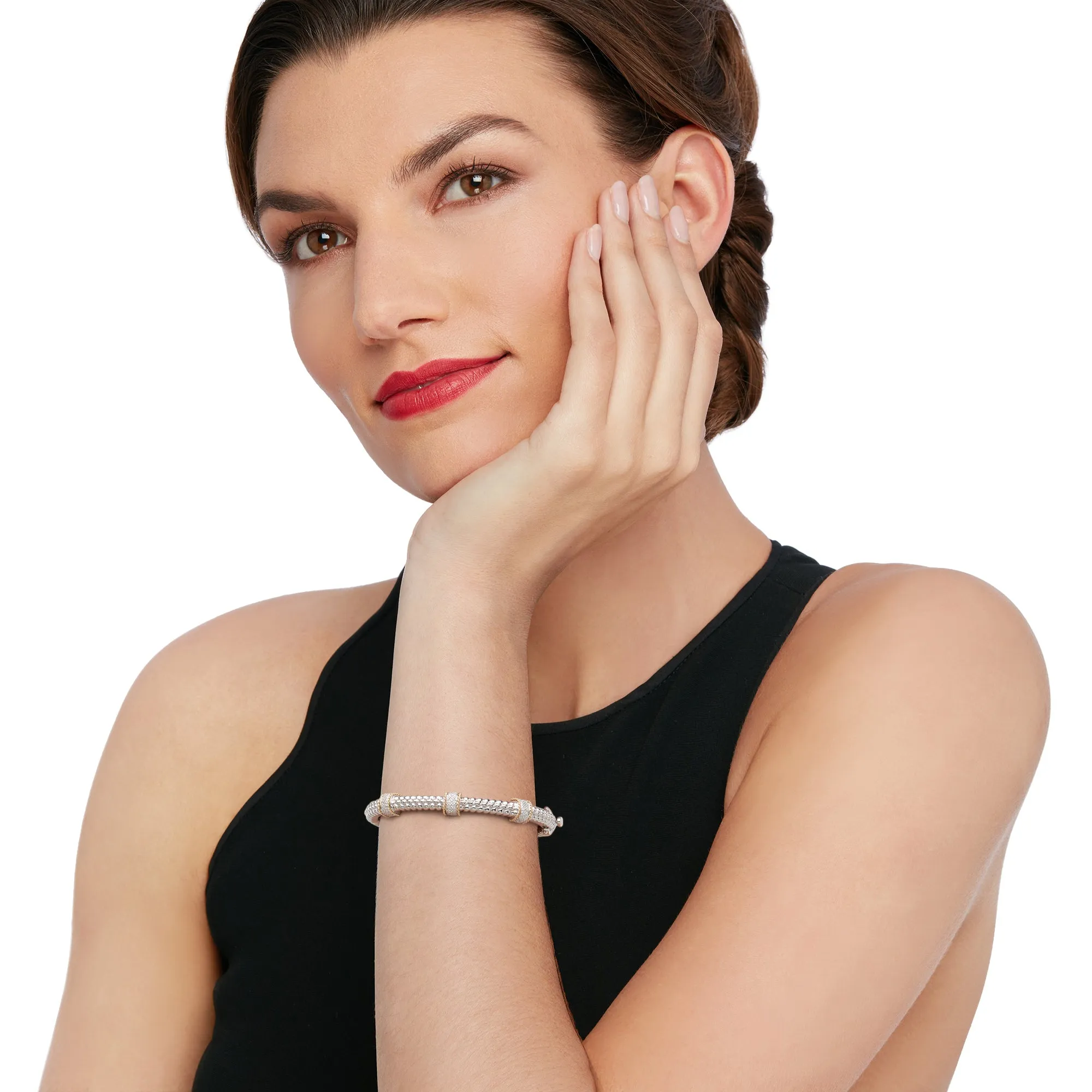 Ross-Simons Diamond Station Bangle Bracelet in Sterling Silver and 14kt Yellow Gold