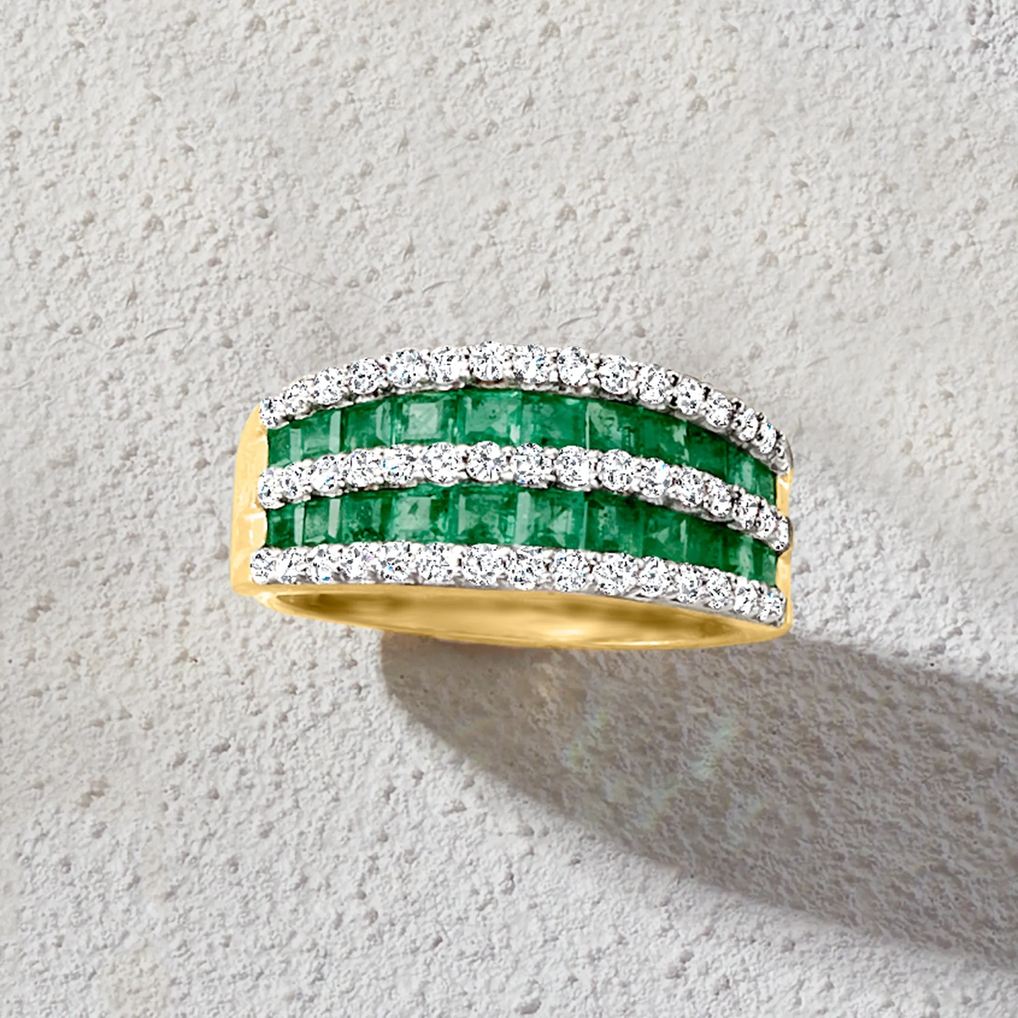 Ross-Simons Emerald and . Diamond Multi-Row Dome Ring in 14kt Yellow Gold