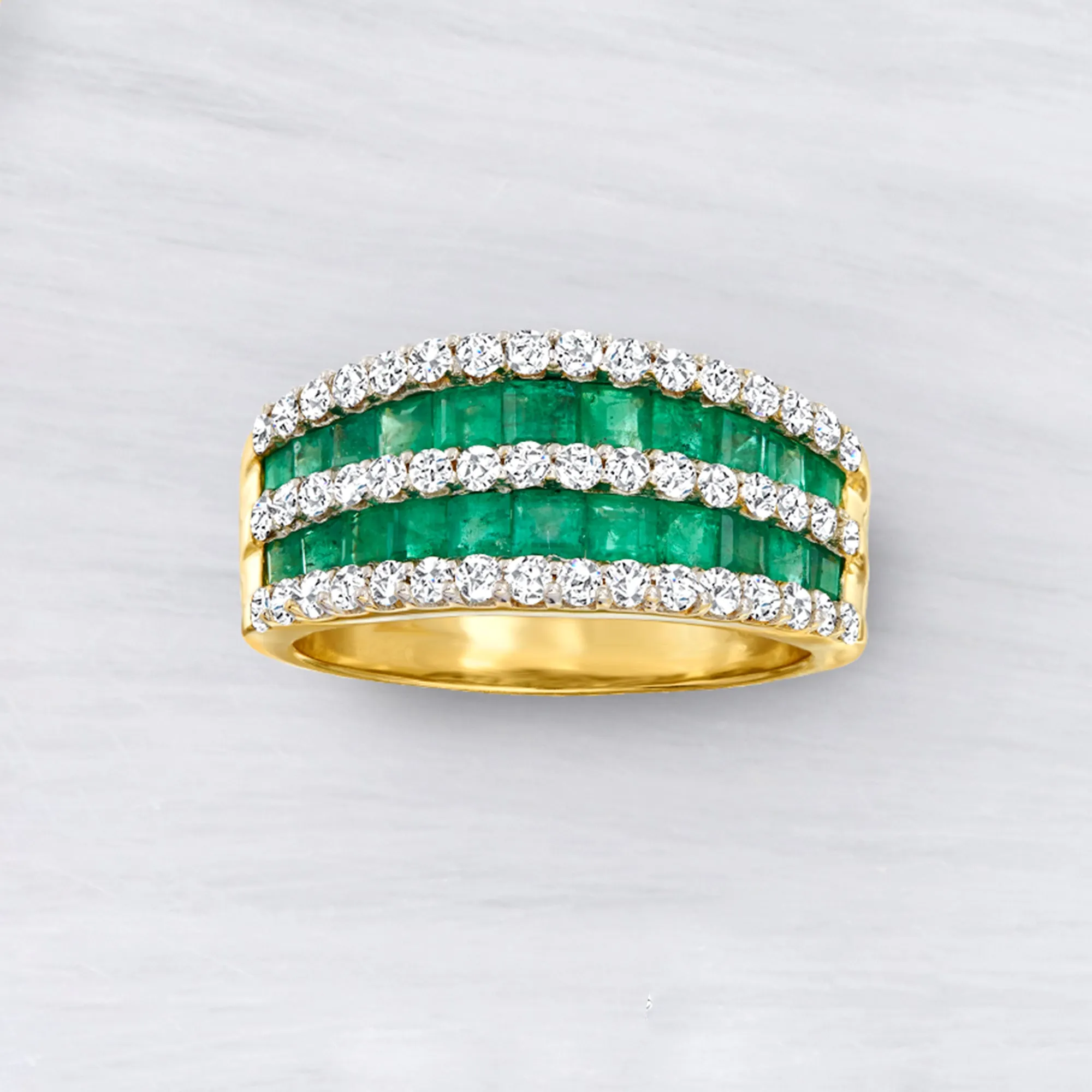 Ross-Simons Emerald and . Diamond Multi-Row Dome Ring in 14kt Yellow Gold