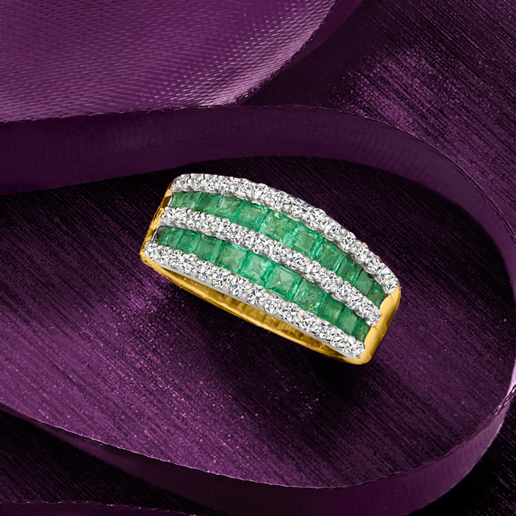 Ross-Simons Emerald and . Diamond Multi-Row Dome Ring in 14kt Yellow Gold