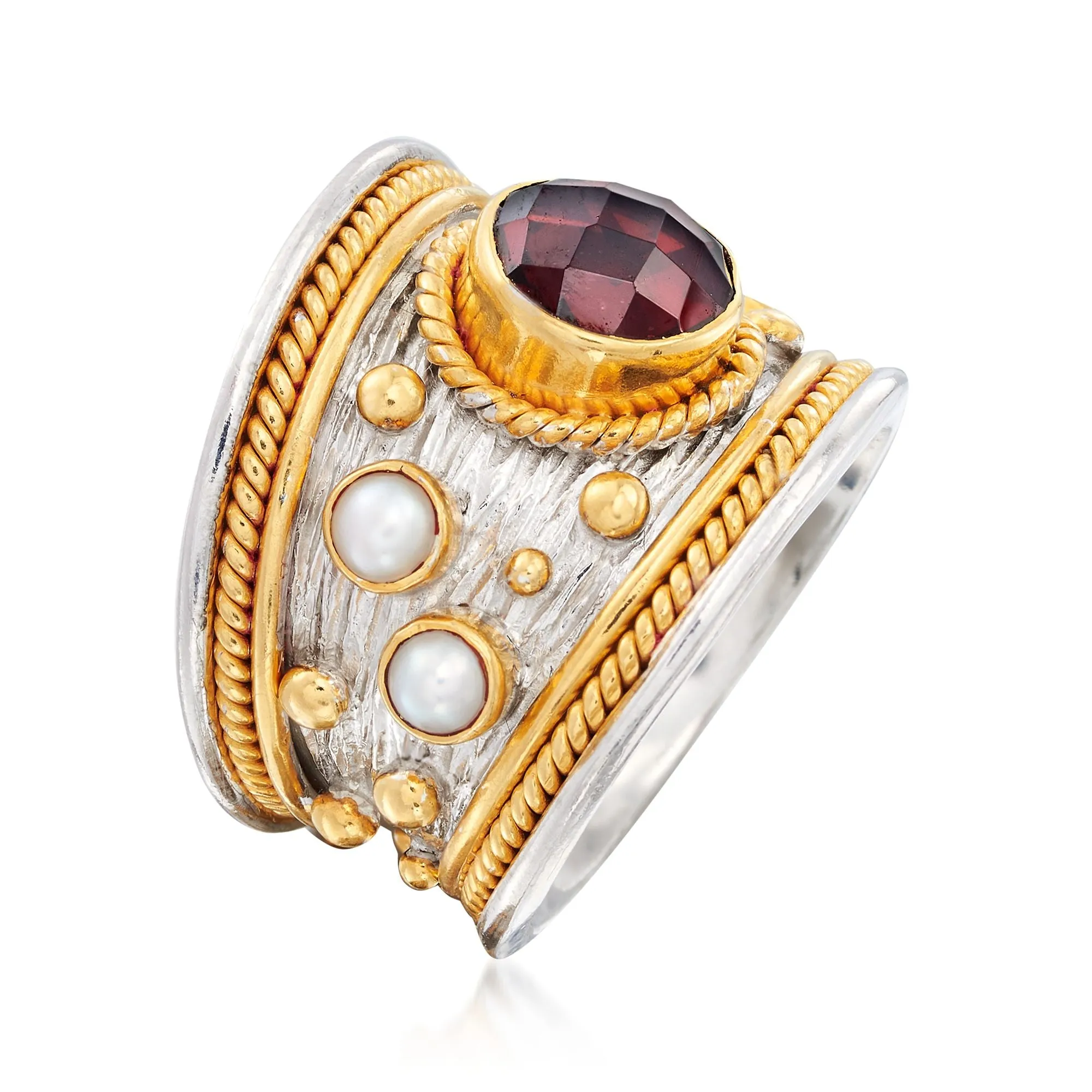 Ross-Simons Garnet and 3mm Cultured Pearl Ring in Sterling Silver and 18kt Gold Over Silver