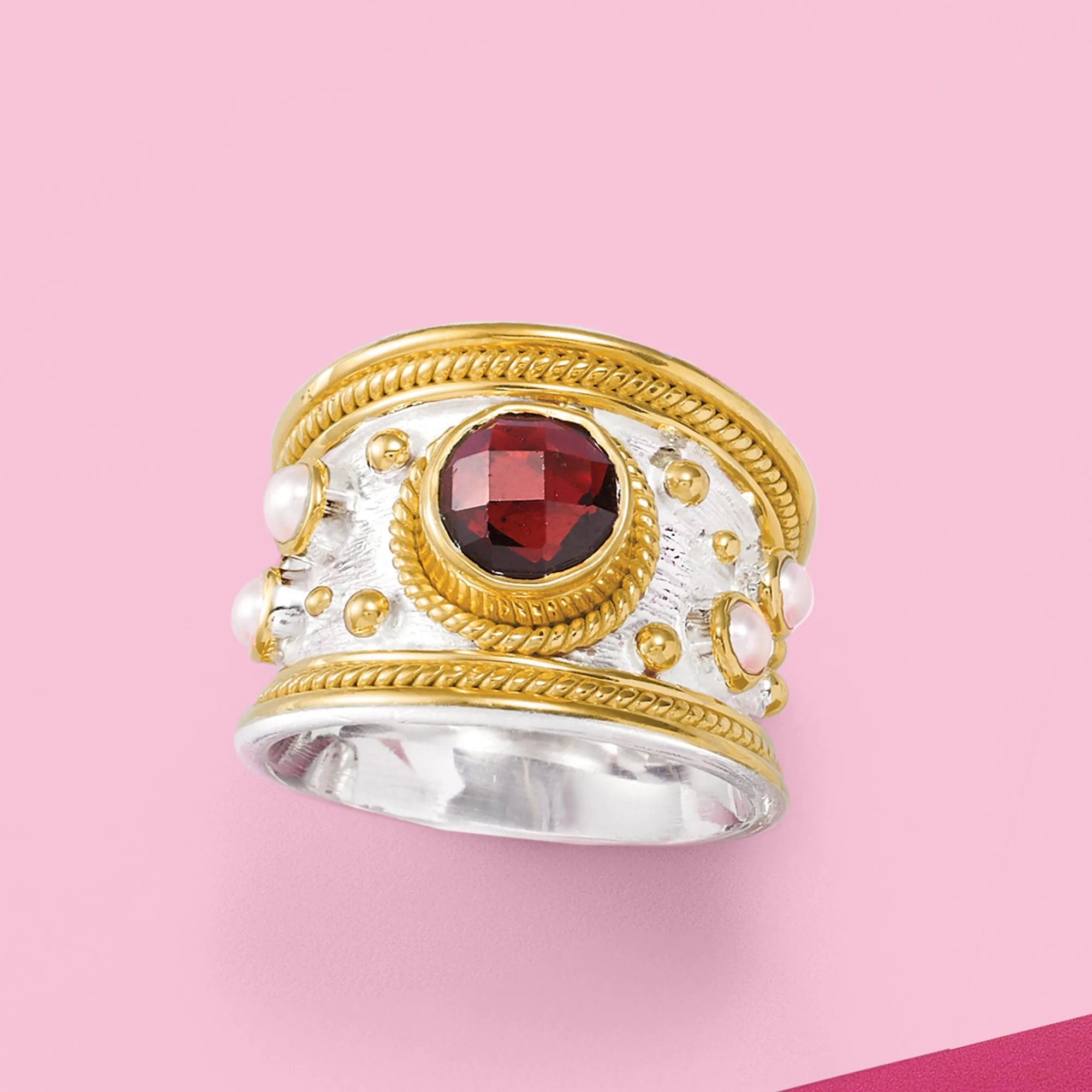 Ross-Simons Garnet and 3mm Cultured Pearl Ring in Sterling Silver and 18kt Gold Over Silver