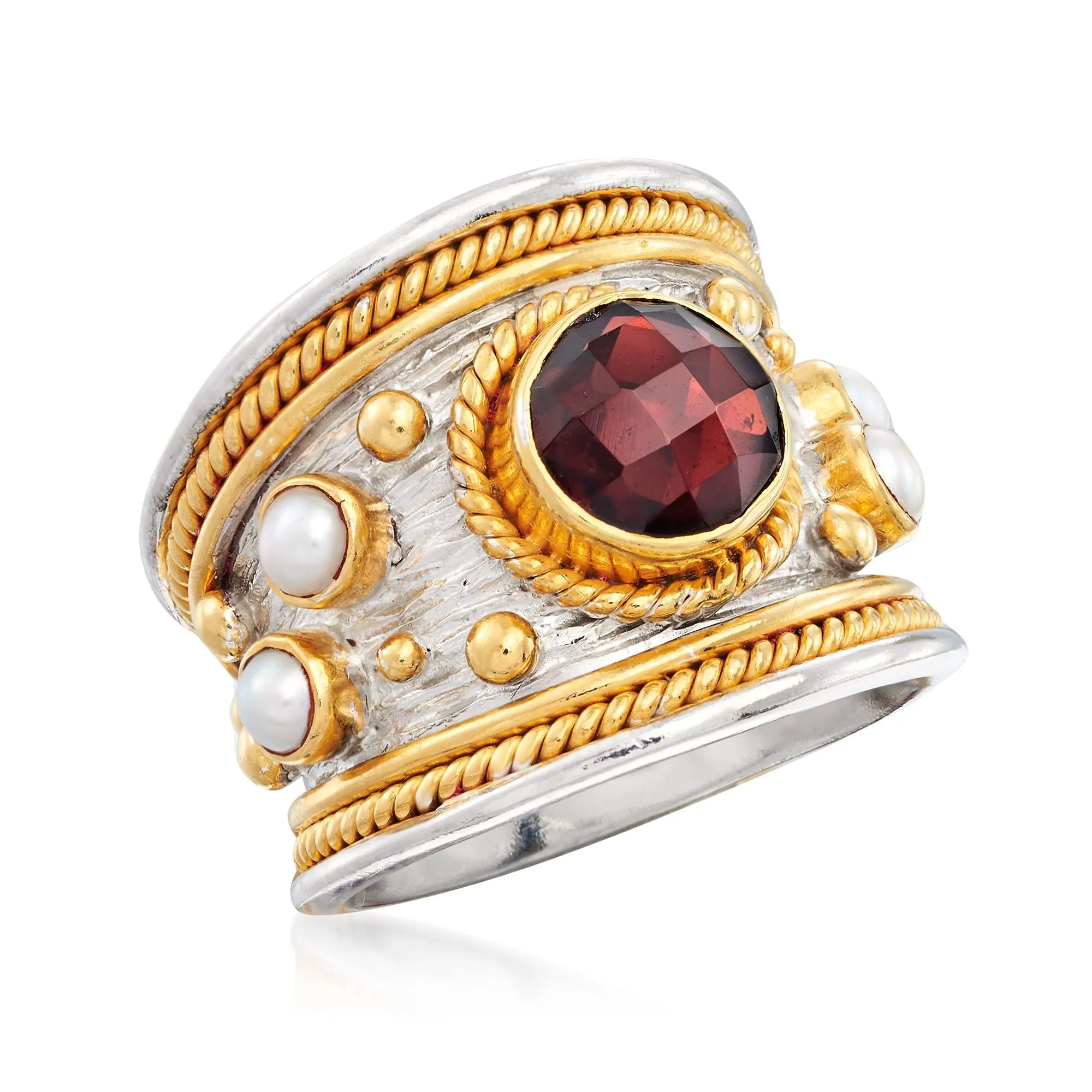Ross-Simons Garnet and 3mm Cultured Pearl Ring in Sterling Silver and 18kt Gold Over Silver