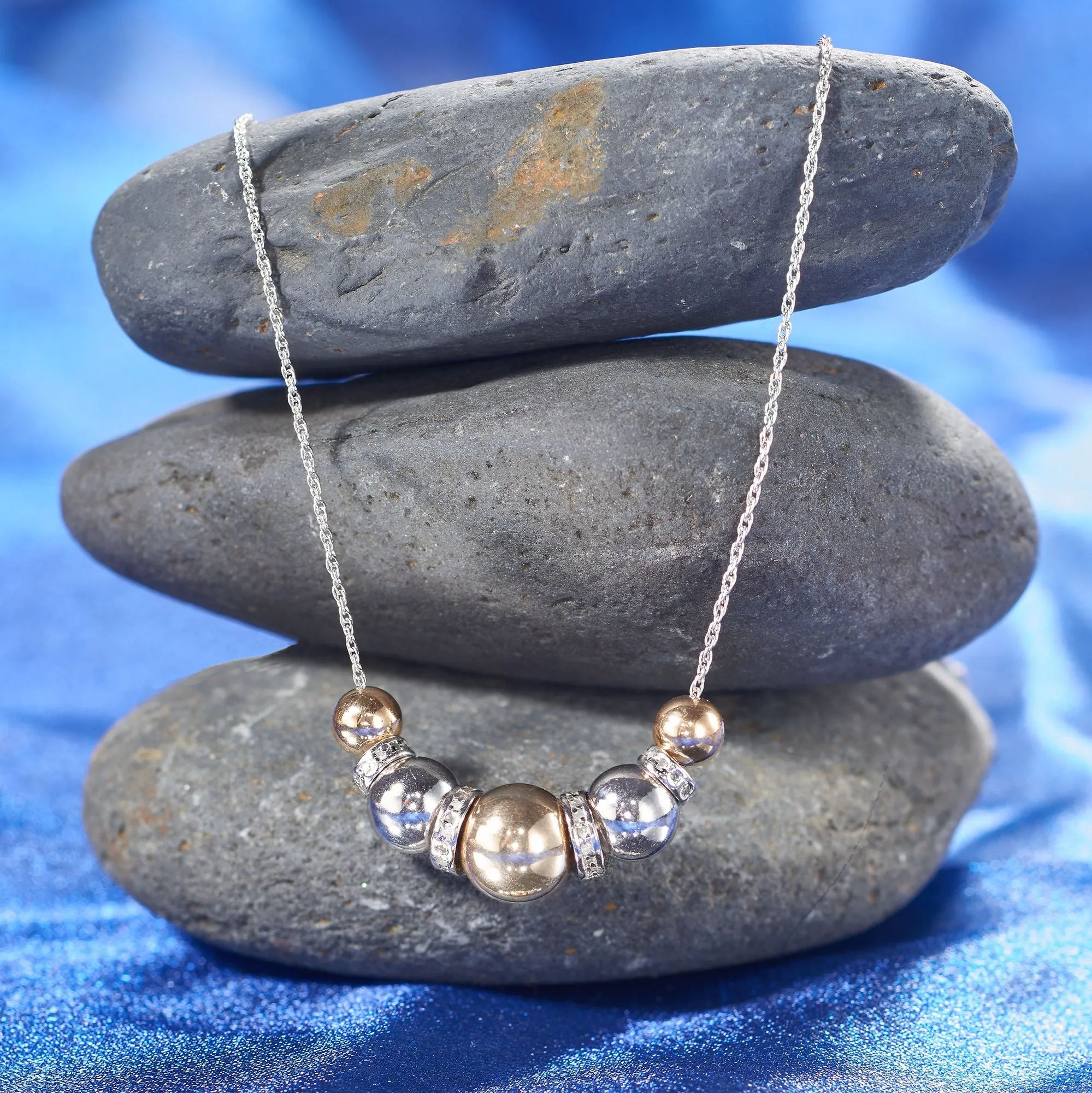 Ross-Simons Sterling Silver and 14kt Yellow Gold Bead Necklace With . Diamonds