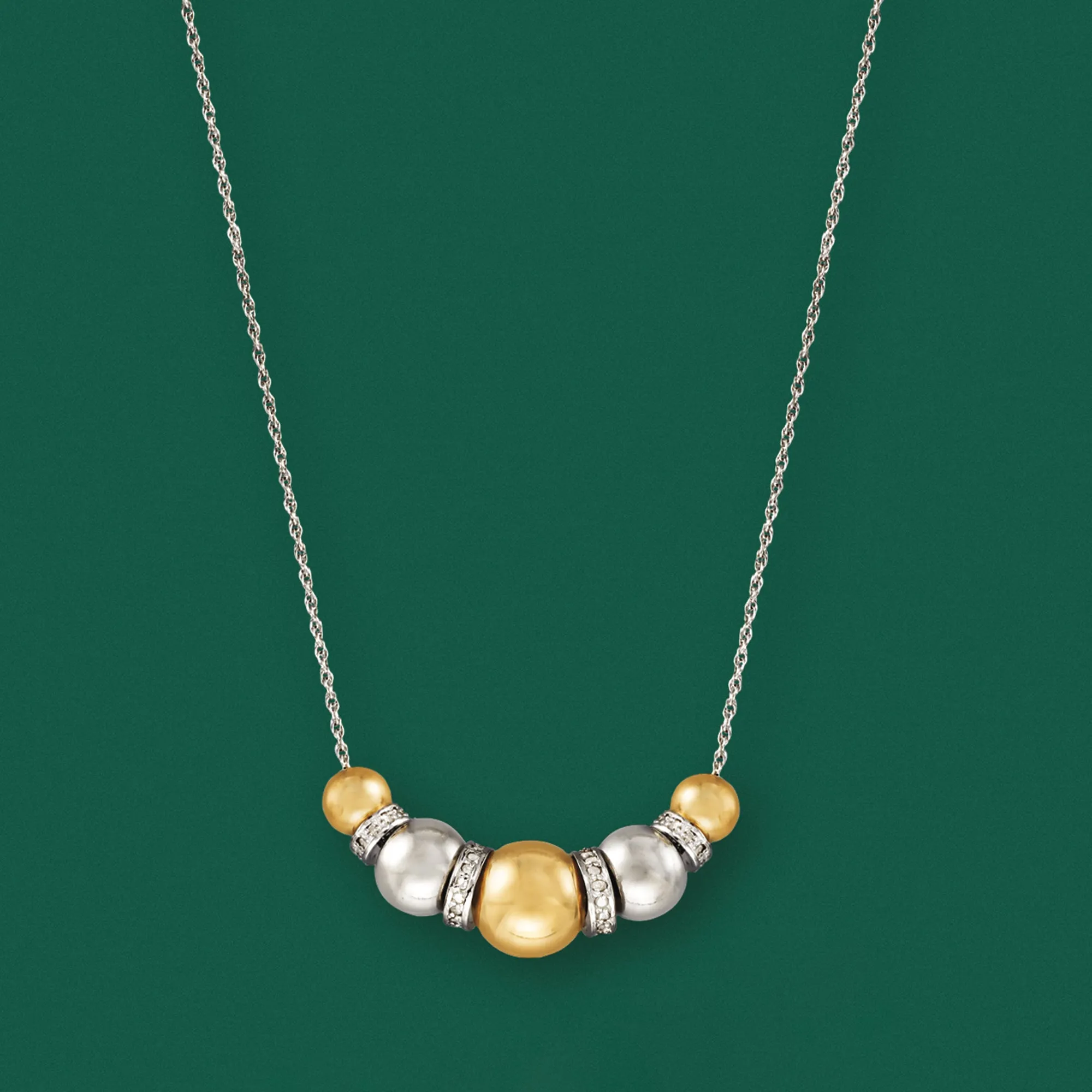 Ross-Simons Sterling Silver and 14kt Yellow Gold Bead Necklace With . Diamonds