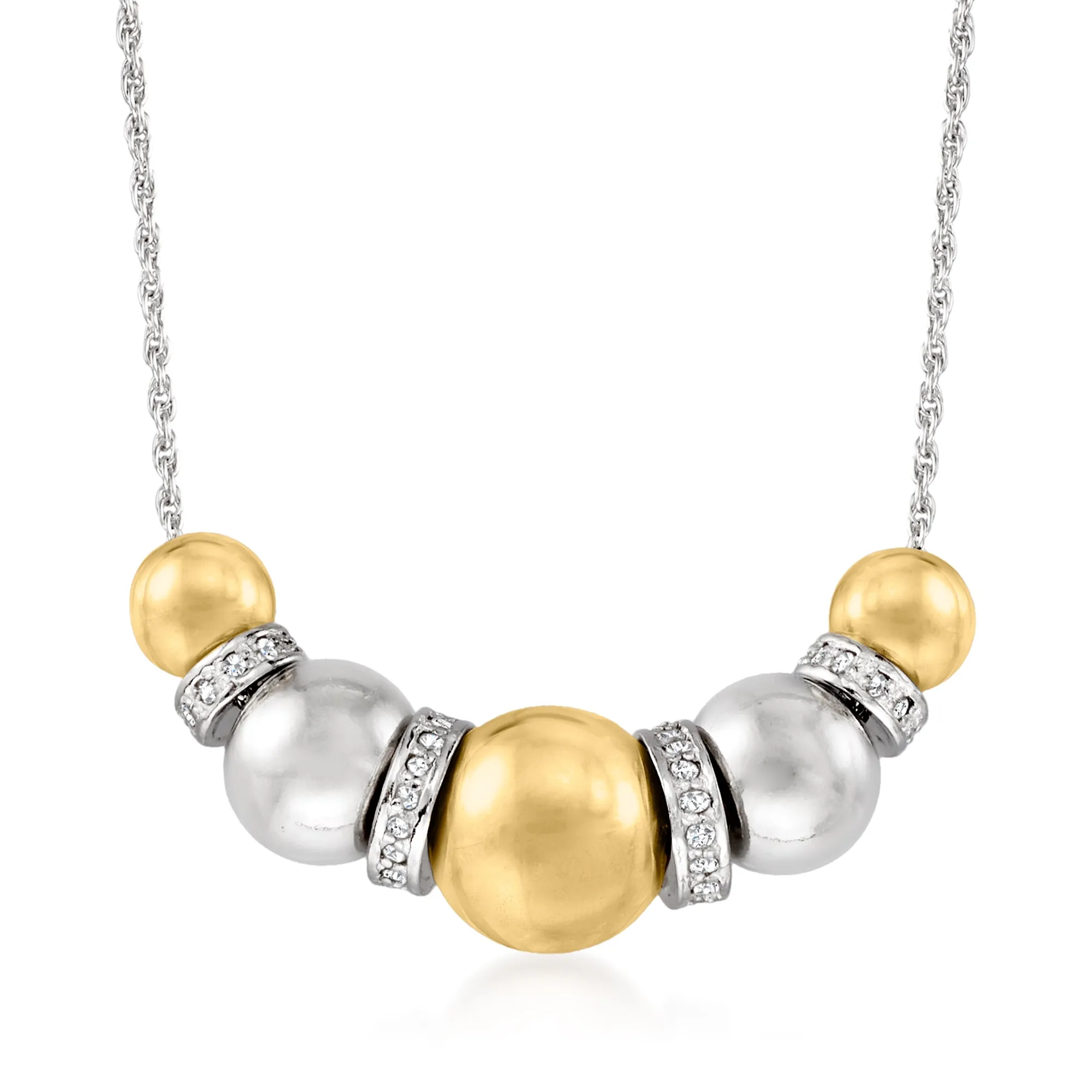 Ross-Simons Sterling Silver and 14kt Yellow Gold Bead Necklace With . Diamonds