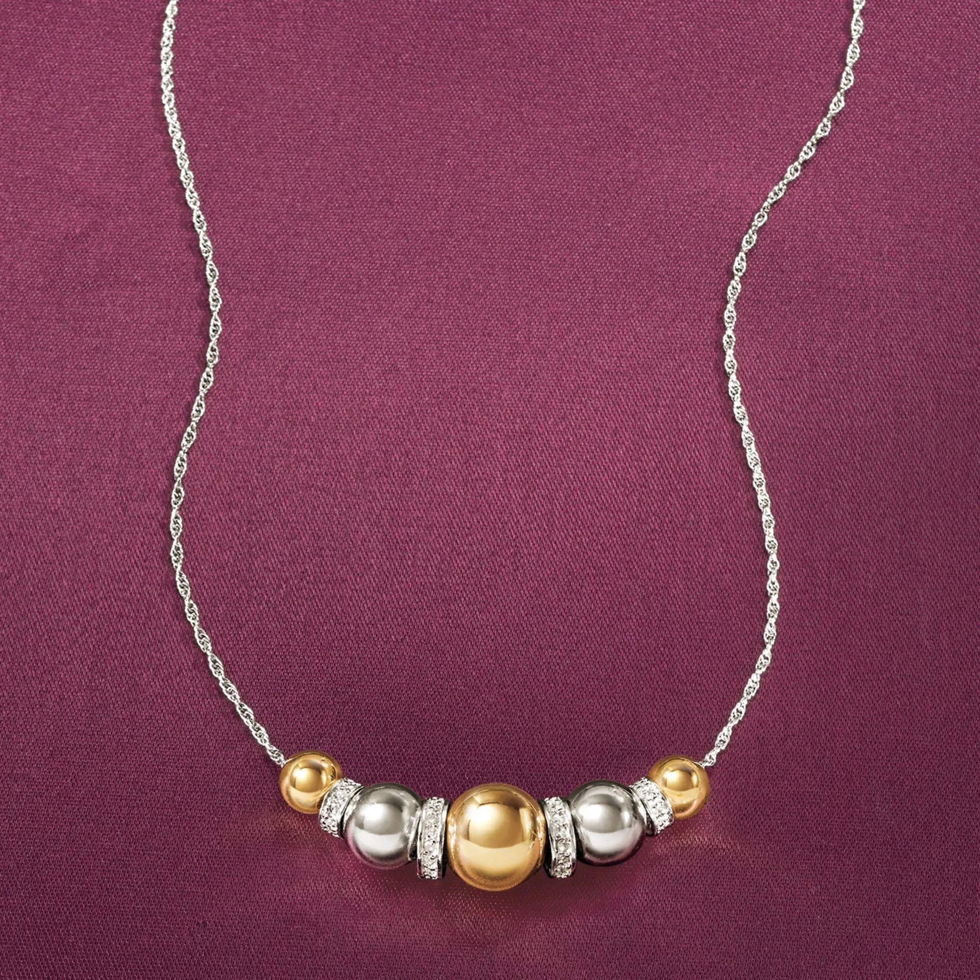 Ross-Simons Sterling Silver and 14kt Yellow Gold Bead Necklace With . Diamonds