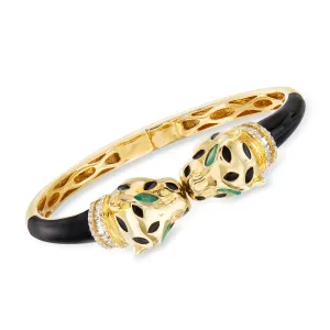 Ross-Simons White Zircon and . Green Chrome Diopside Panther Bangle Bracelet in 18kt Gold Over Sterling With Black Enamel