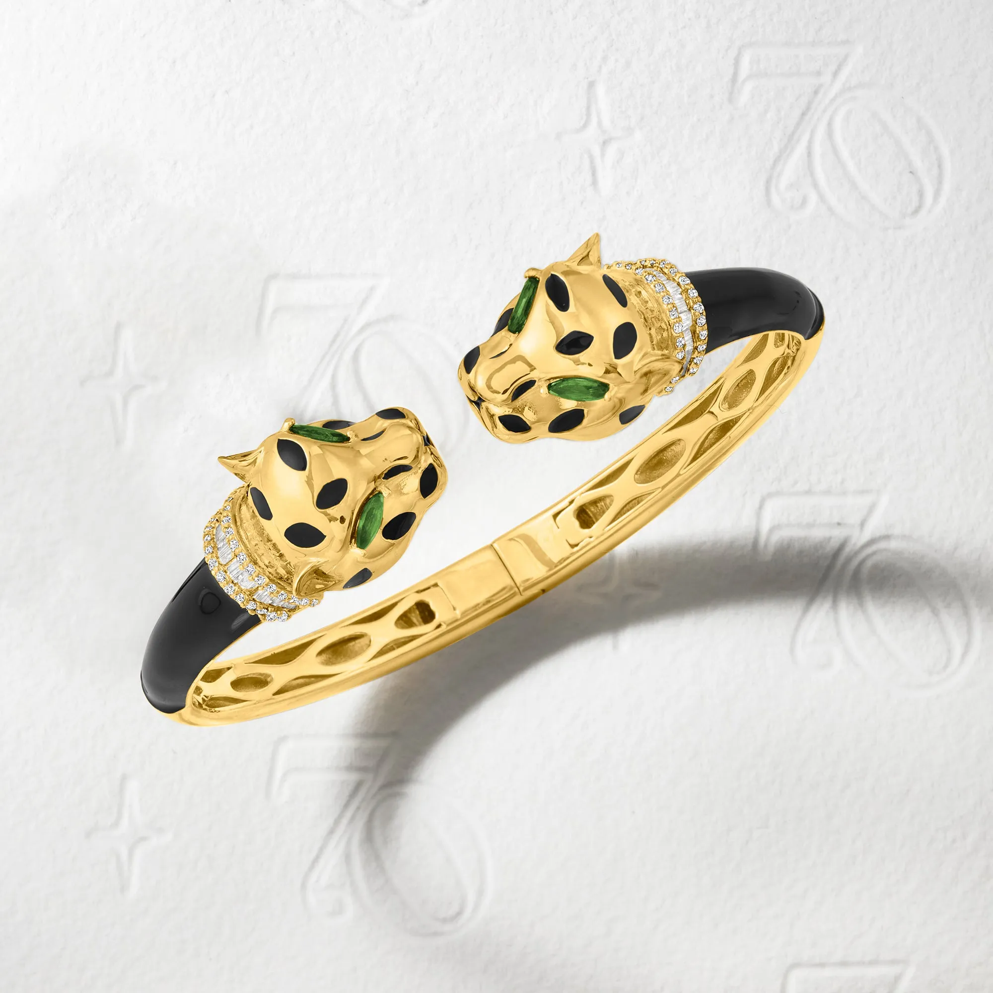 Ross-Simons White Zircon and . Green Chrome Diopside Panther Bangle Bracelet in 18kt Gold Over Sterling With Black Enamel