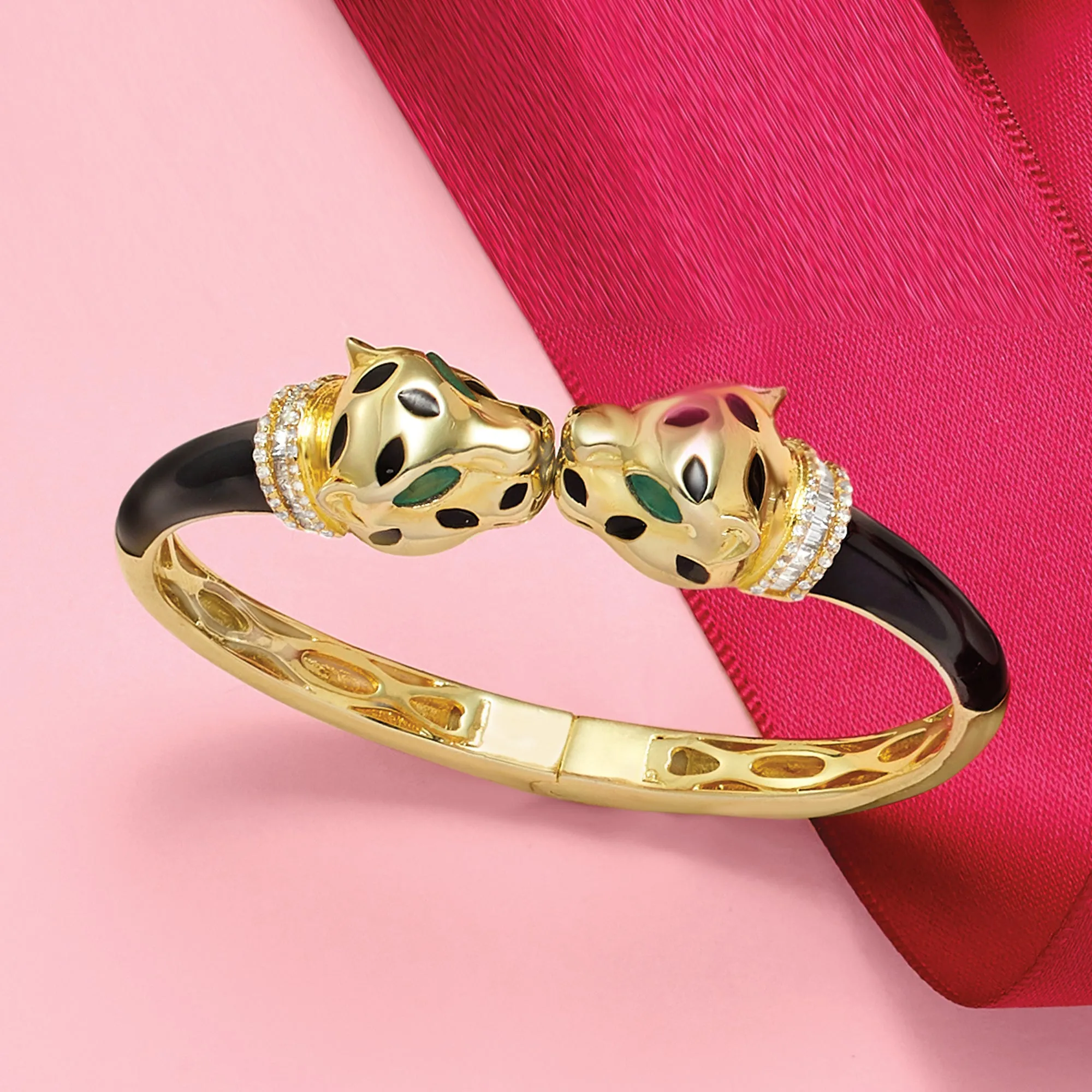 Ross-Simons White Zircon and . Green Chrome Diopside Panther Bangle Bracelet in 18kt Gold Over Sterling With Black Enamel