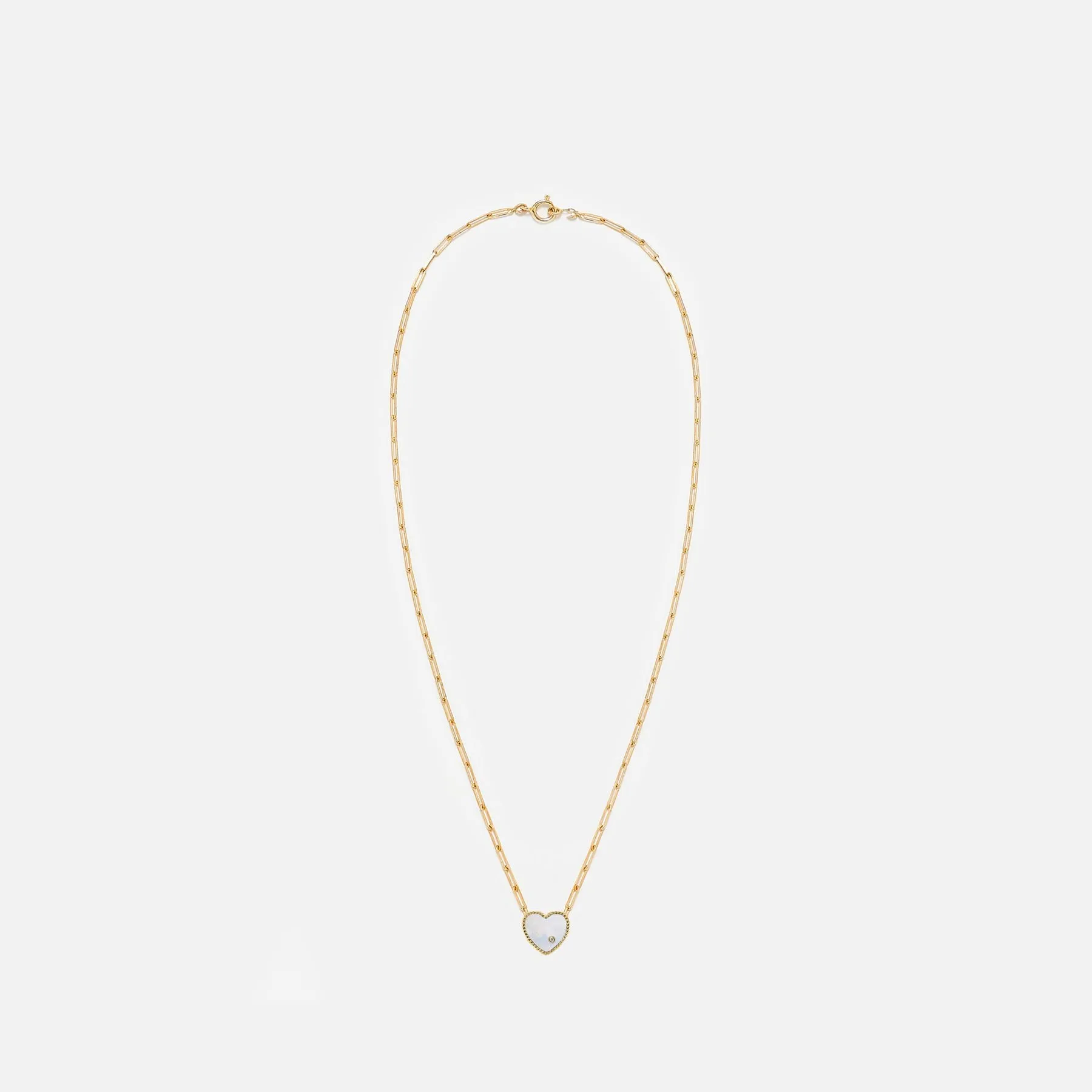 Small Solitary Heart Necklace in 9 carat gold, mother of pearl and diamonds