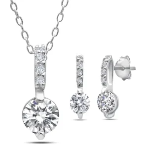 Sterling Silver Cubic Zirconia Bale and Round Earring and Necklace Set, 16 inch Cabel Cahin with 2 inch extension