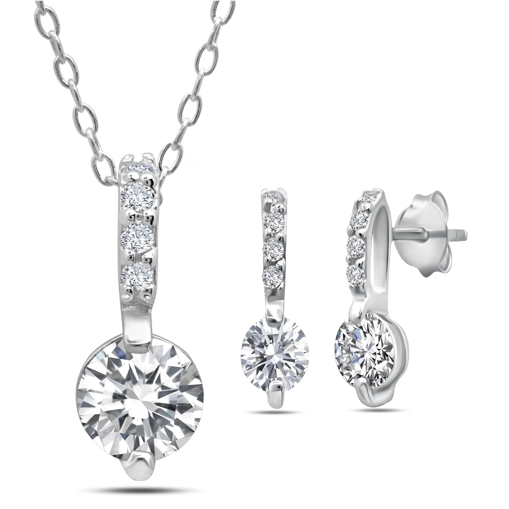 Sterling Silver Cubic Zirconia Bale and Round Earring and Necklace Set, 16 inch Cabel Cahin with 2 inch extension