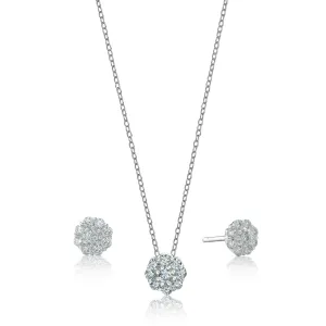 Sterling Silver Flower Shape Cluster CZ Pendant and Earring Set