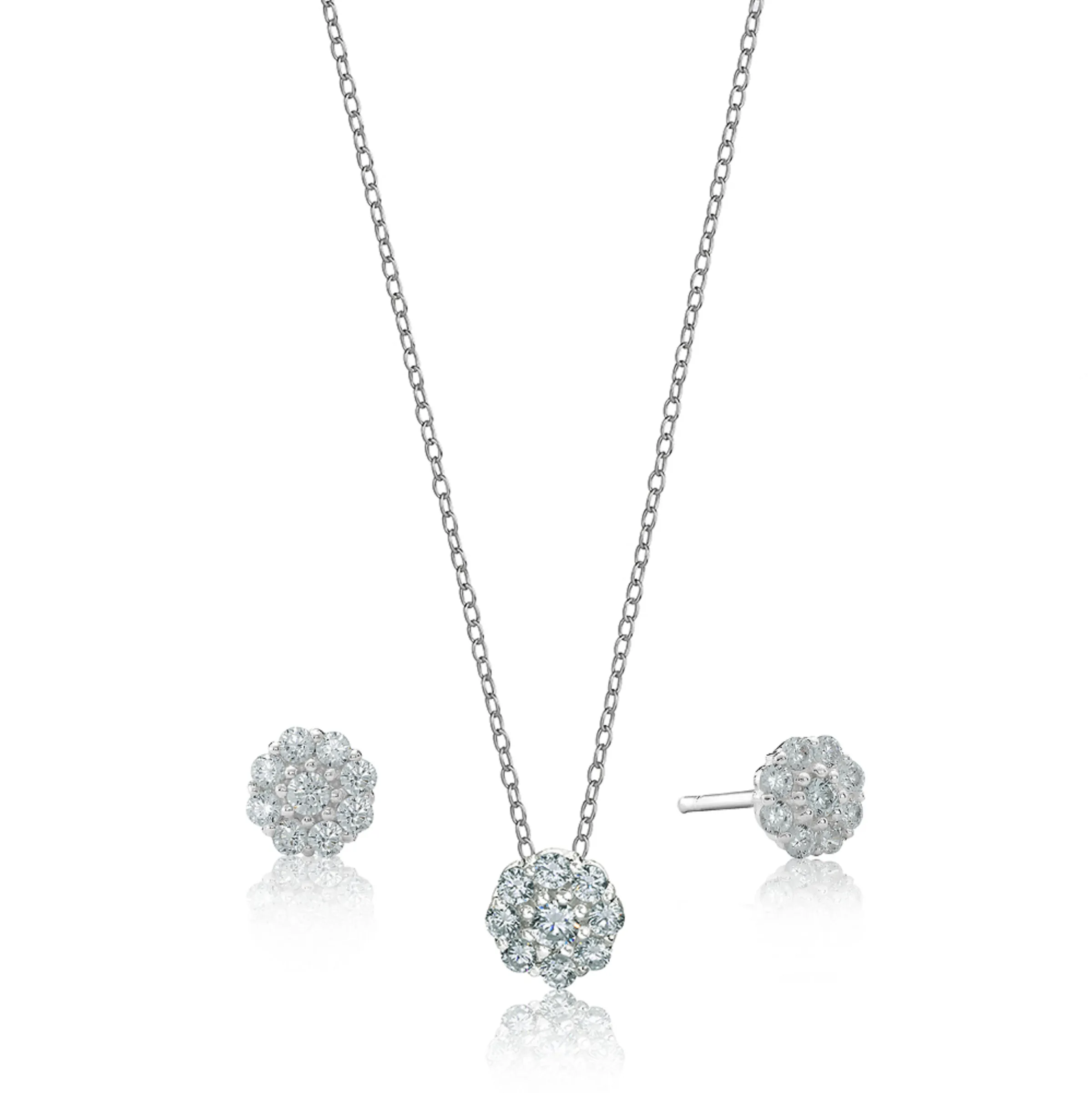 Sterling Silver Flower Shape Cluster CZ Pendant and Earring Set