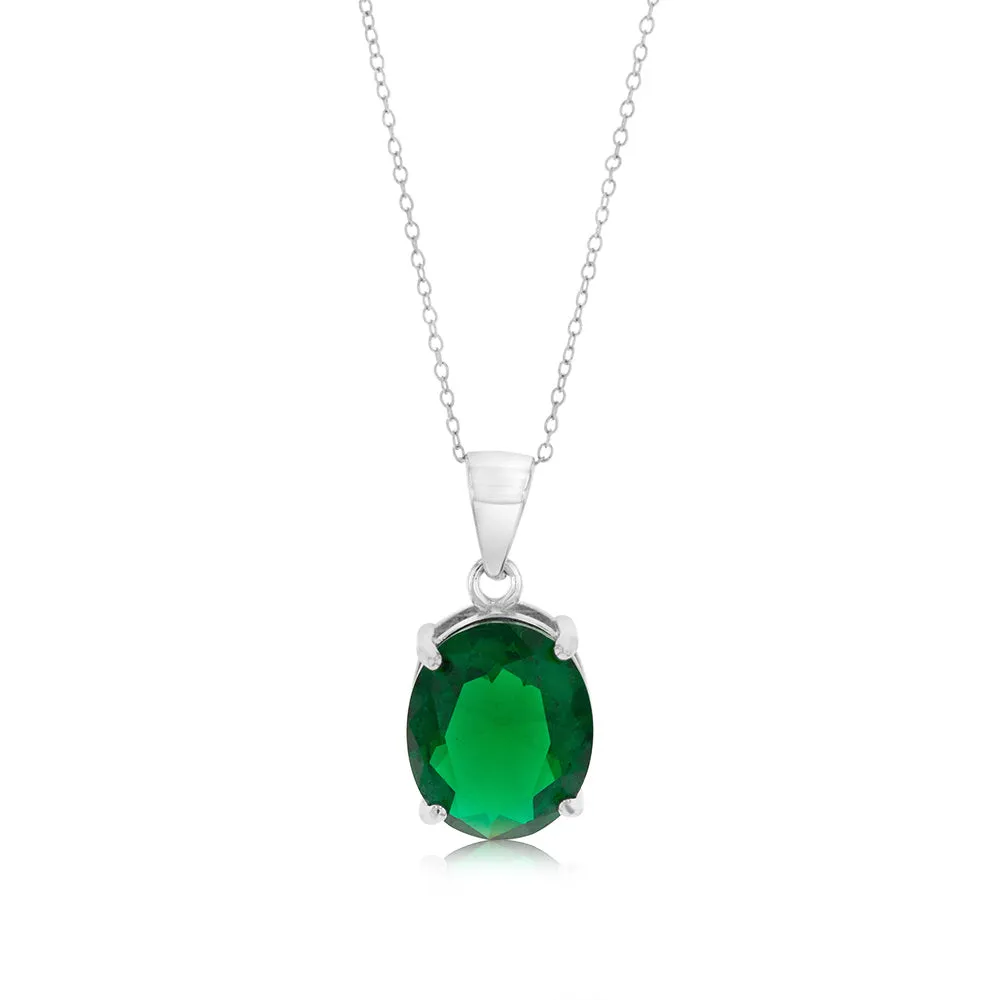 Sterling Silver Oval Created Emerald Pendant On Chain Shiels