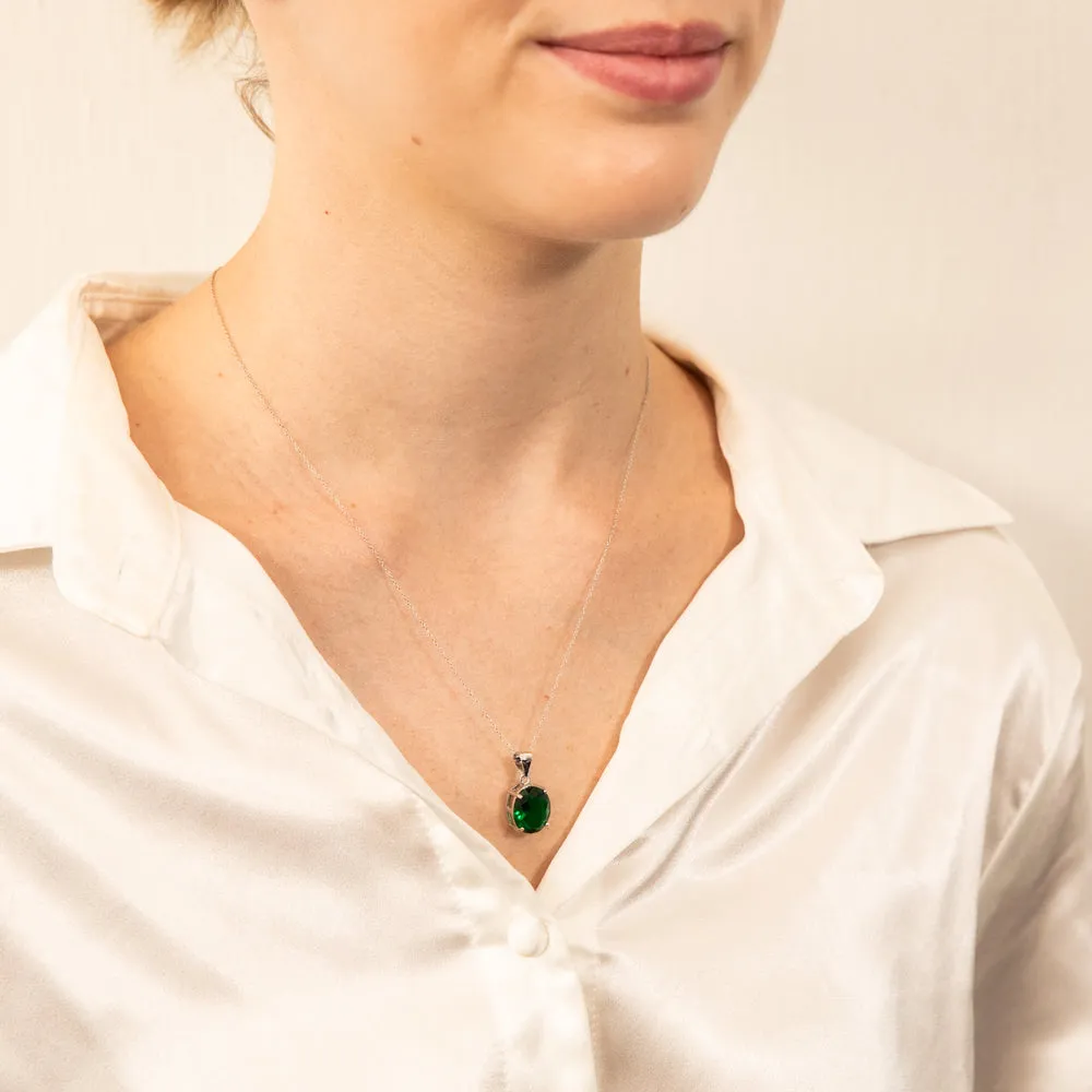 Sterling Silver Oval Created Emerald Pendant On Chain Shiels