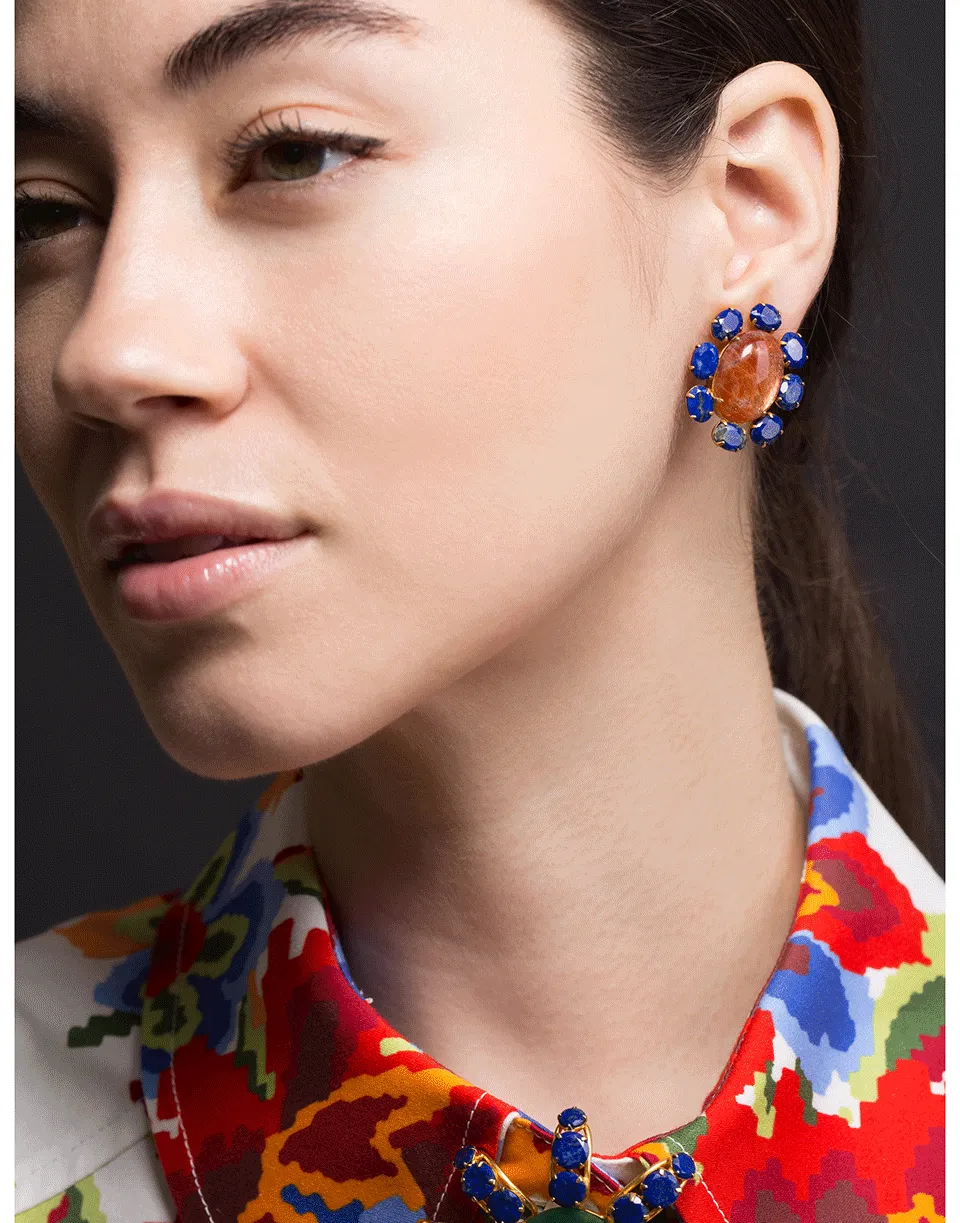 Sunstone and Lapis Flower Earrings