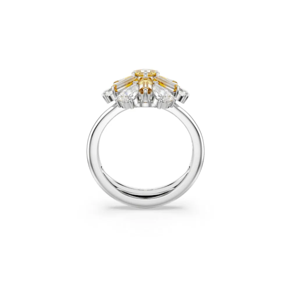 Swarovski Idyllia Cocktail Ring Mixed cuts, Flower, Yellow, Rhodium plated, 50-55