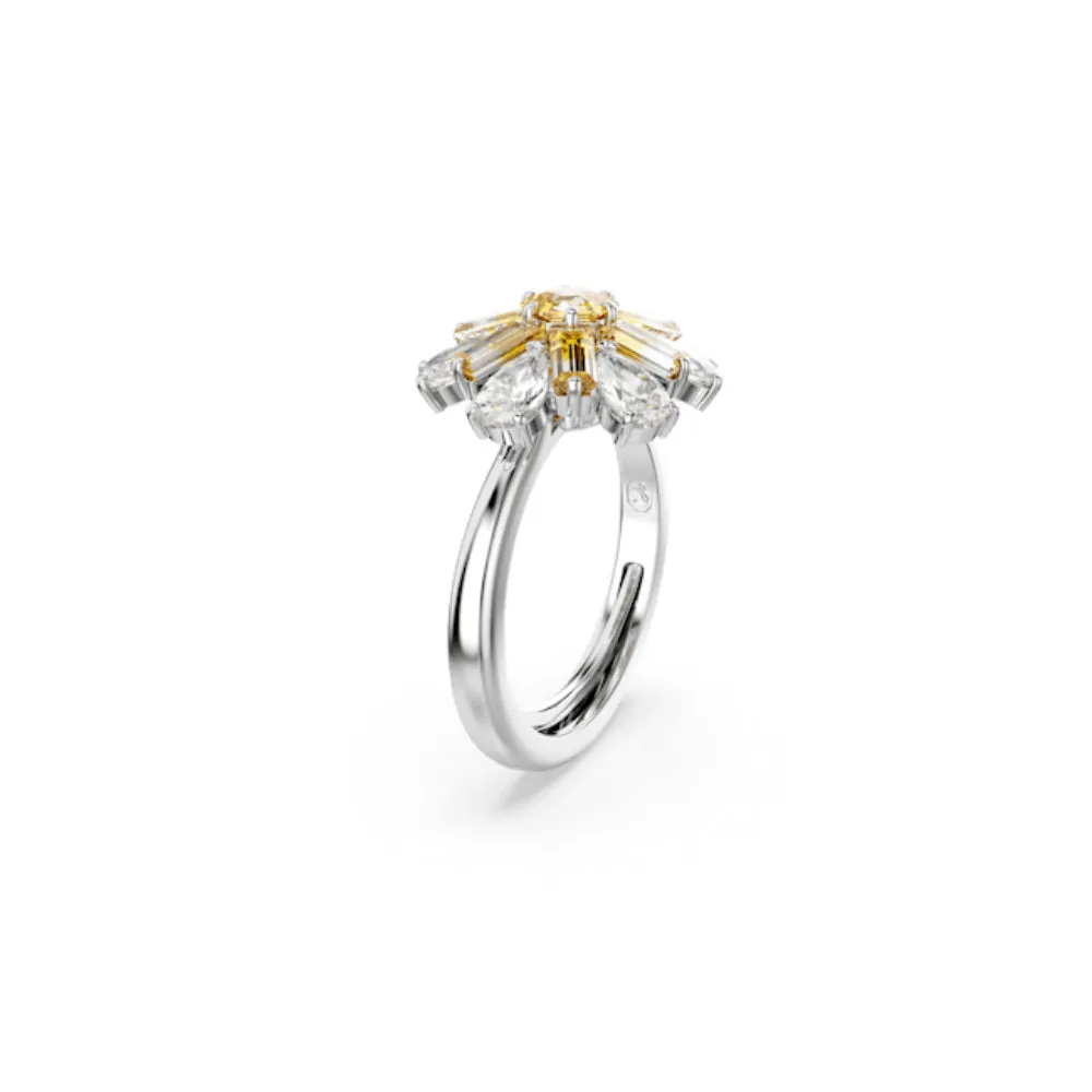 Swarovski Idyllia Cocktail Ring Mixed cuts, Flower, Yellow, Rhodium plated, 50-55