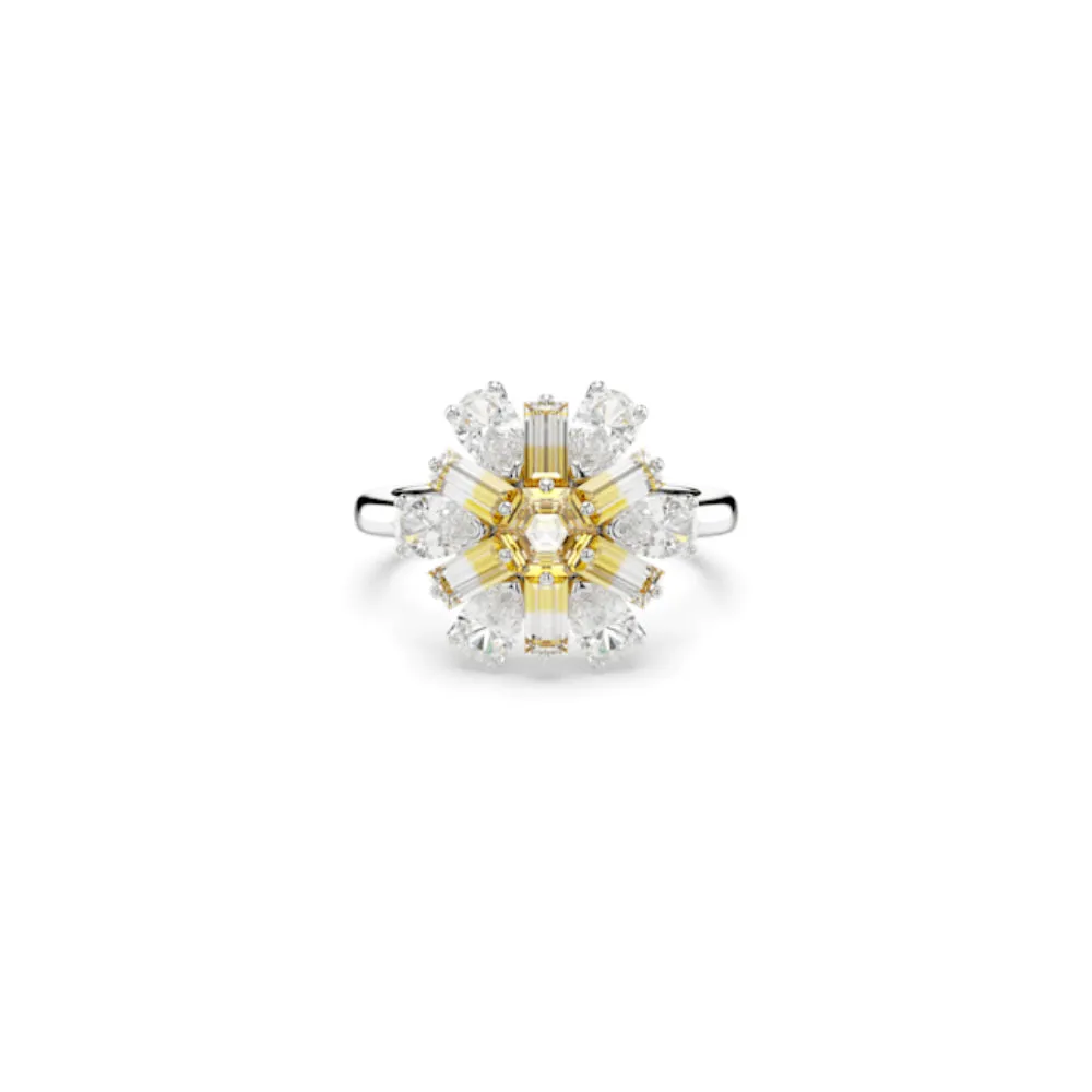 Swarovski Idyllia Cocktail Ring Mixed cuts, Flower, Yellow, Rhodium plated, 50-55