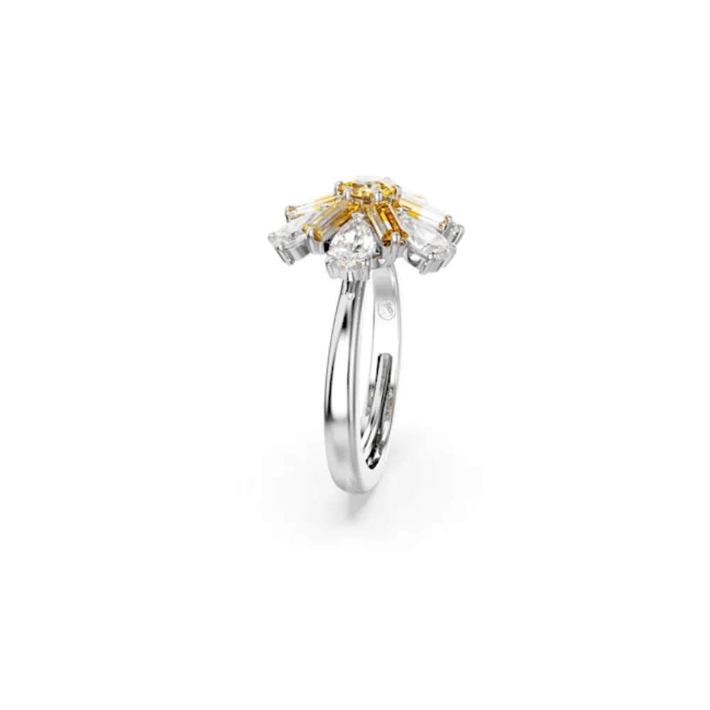 Swarovski Idyllia Cocktail Ring Mixed cuts, Flower, Yellow, Rhodium plated, 50-55