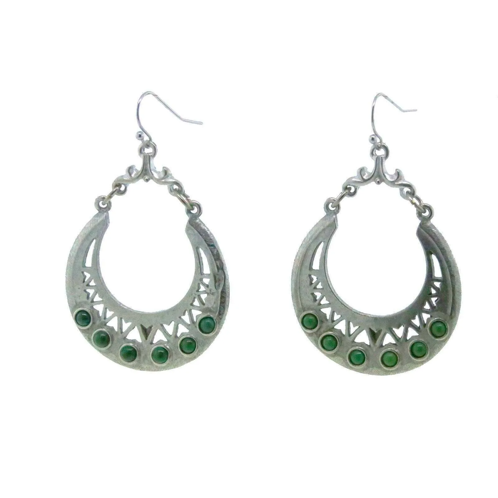 T.R.U. Pewter Genuine Green Malachite Hoop Earrings 1928 Jewelry