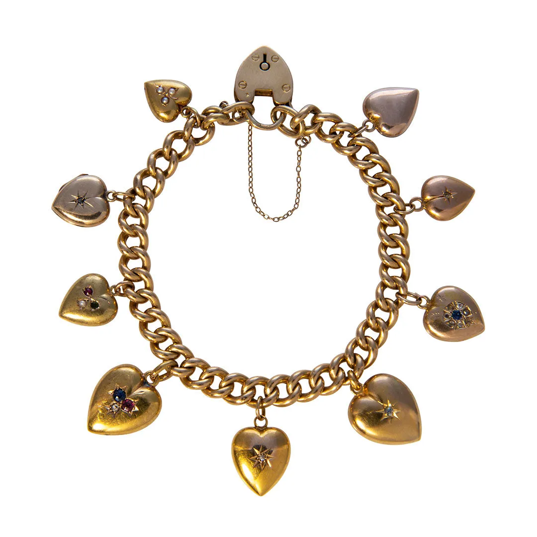 Victorian 18K Gold Heart Padlock Curb Link Bracelet