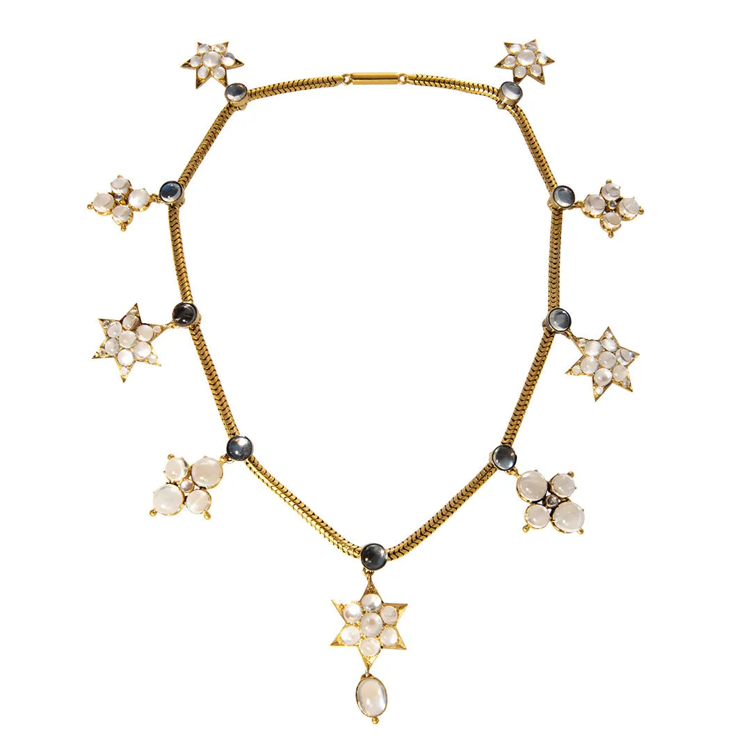 Victorian 50ctw Moonstone Cluster Drop Station Collar Necklace Croghans